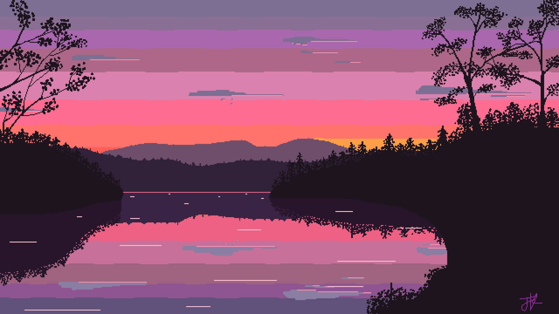 sunrise, lake, silhouetted trees, Full HD Desktop Wallpaper