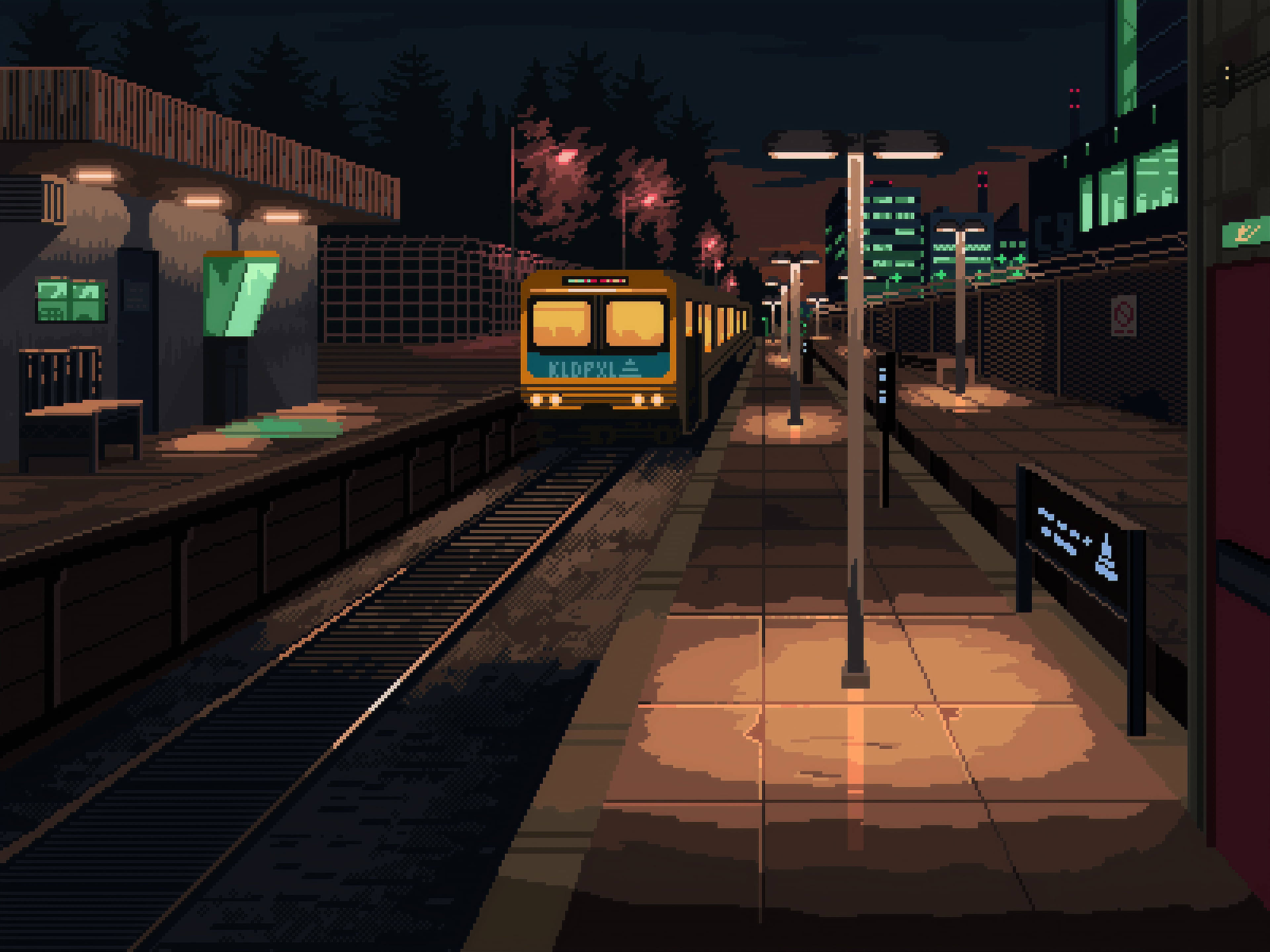 pixel art, train station, train, 4K Desktop Wallpaper