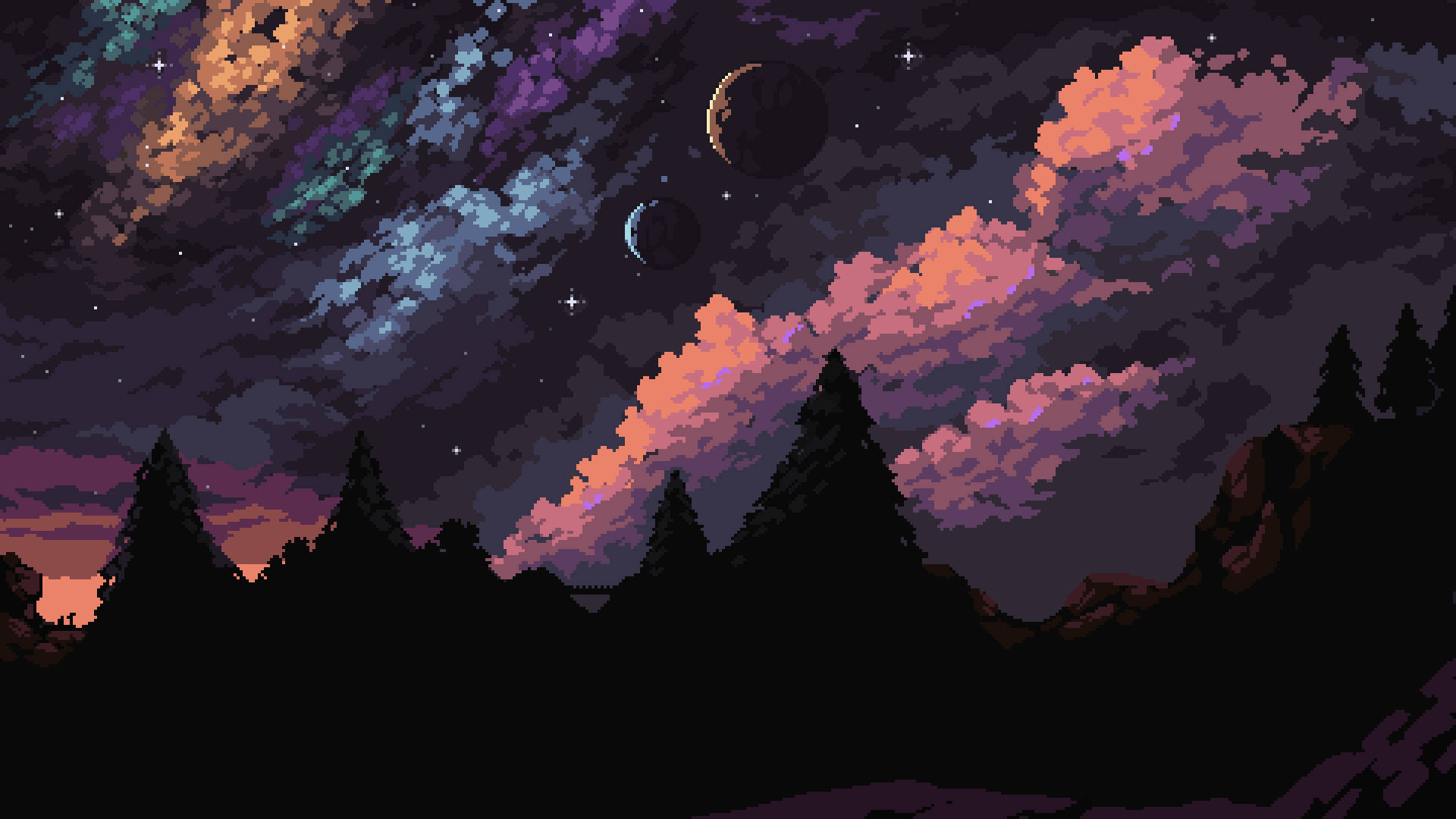 pixel art, night sky, vibrant pink purple clouds, Full HD Desktop Wallpaper