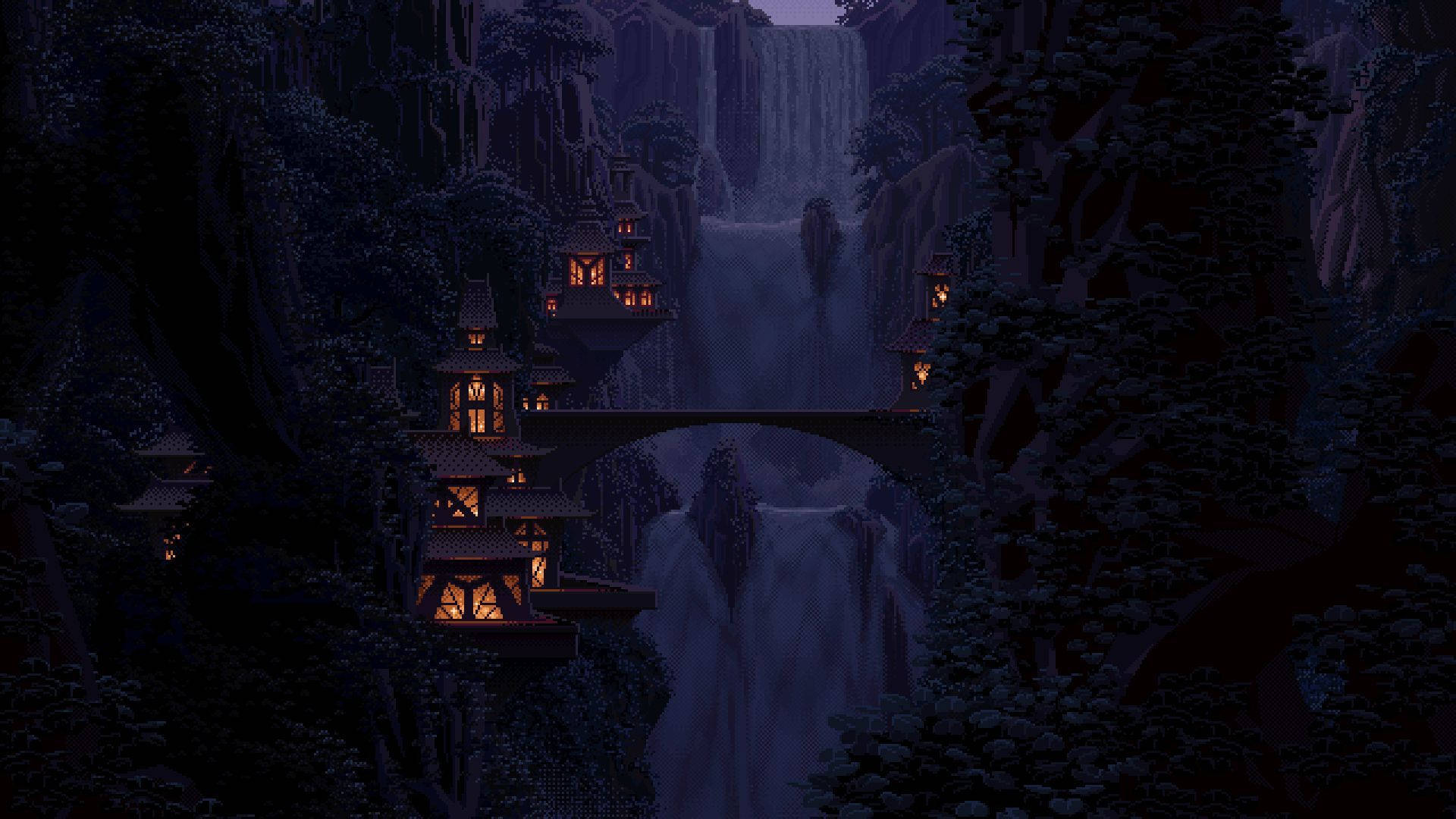 Waterfalls In Forest Night Pixel Art, glowing lanterns, ancient stone bridges, Full HD Desktop Wallpaper