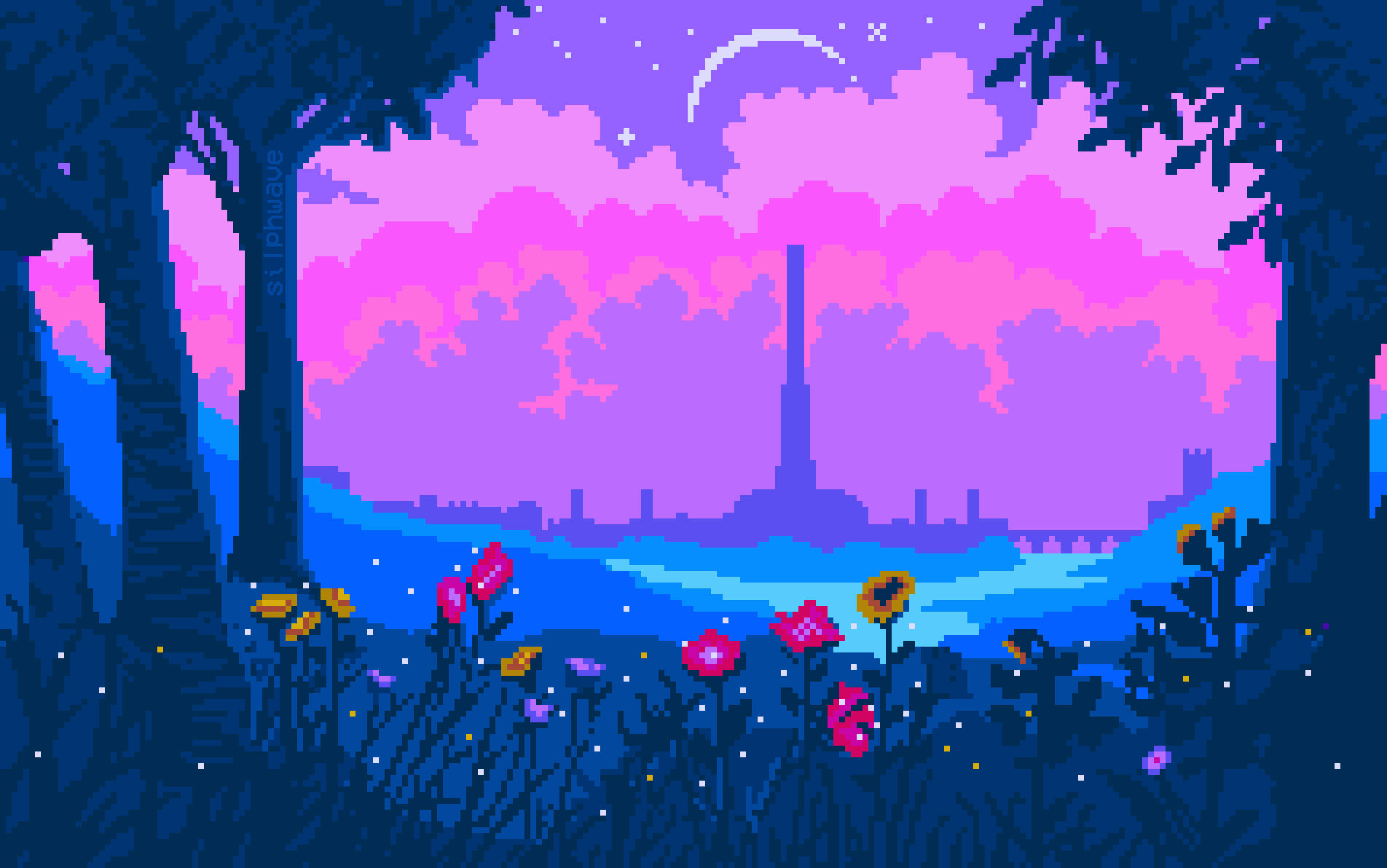 Pixel Art, garden, twilight, Full HD Desktop Wallpaper