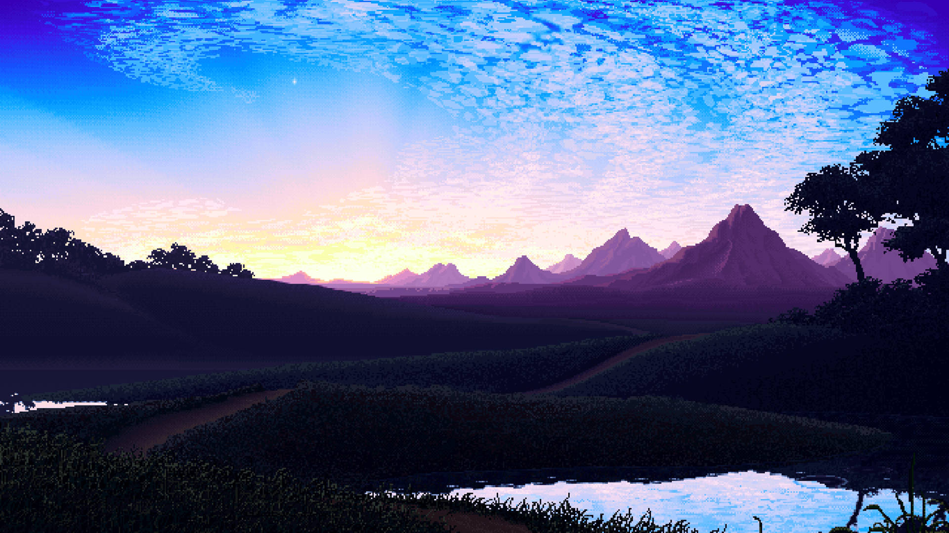twilight landscape, purple mountains, vibrant blue and pink sky, Full HD Desktop Wallpaper