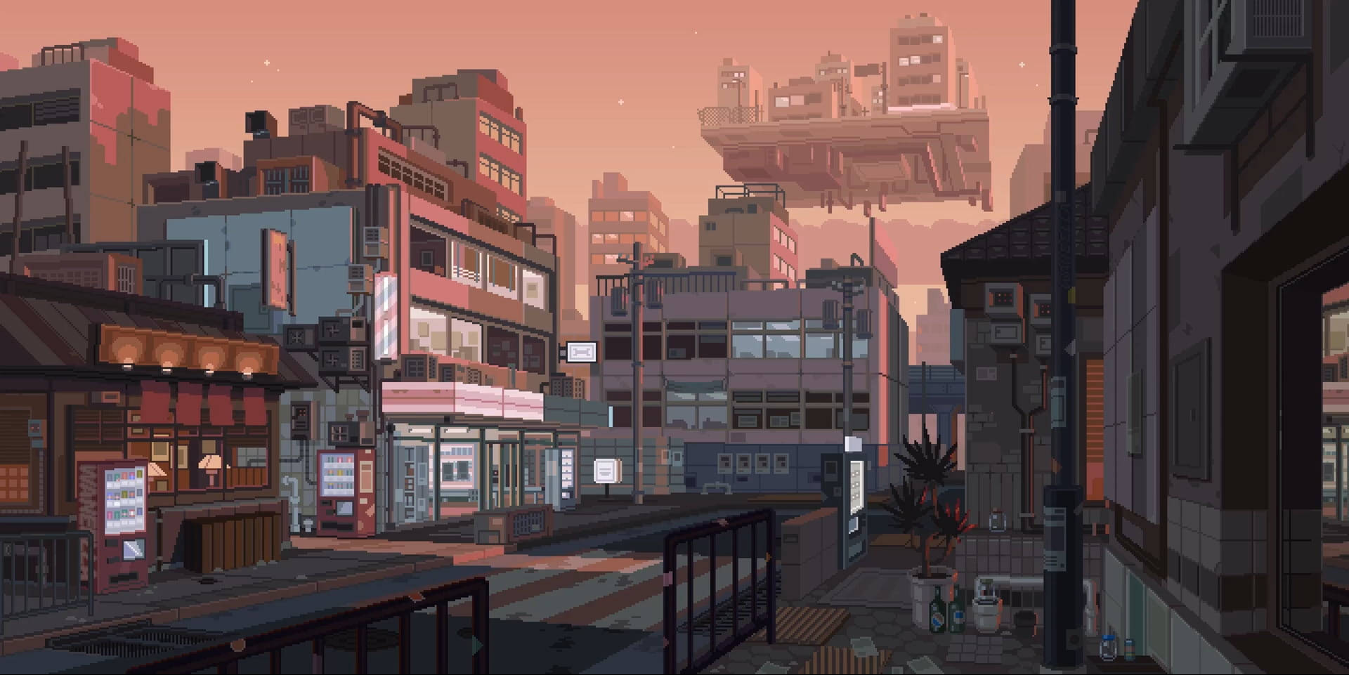 pixel art, city street, sunset, Full HD Desktop Wallpaper