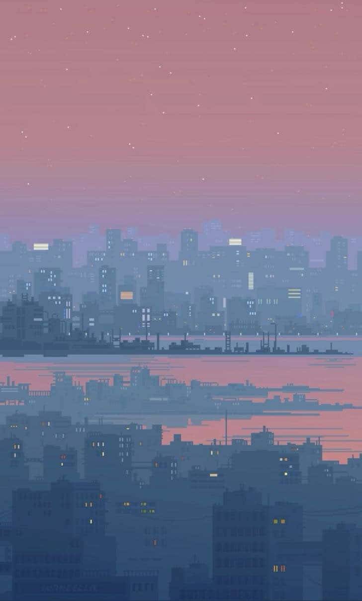 Pixel Phone, pixel-art cityscape, twilight, SD Phone Wallpaper