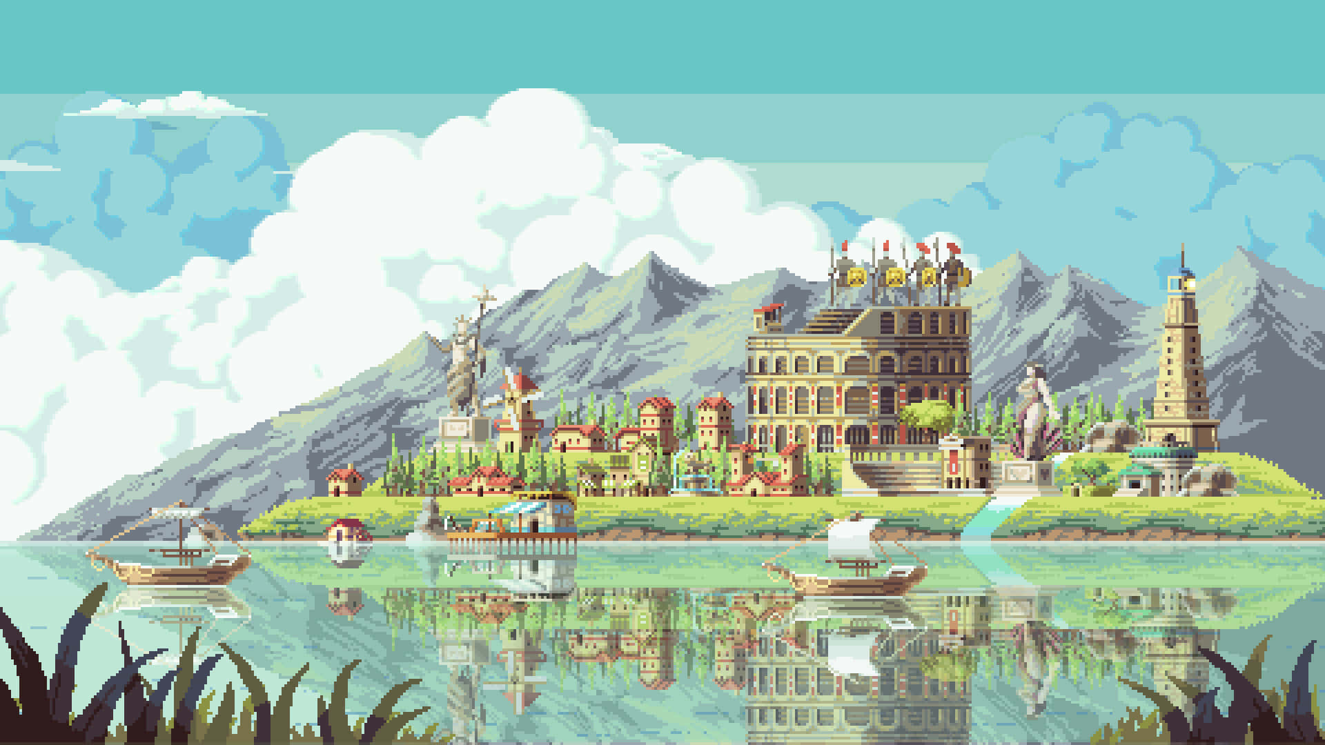 Pixel Game, pixel-art, coastal town, Full HD Desktop Wallpaper