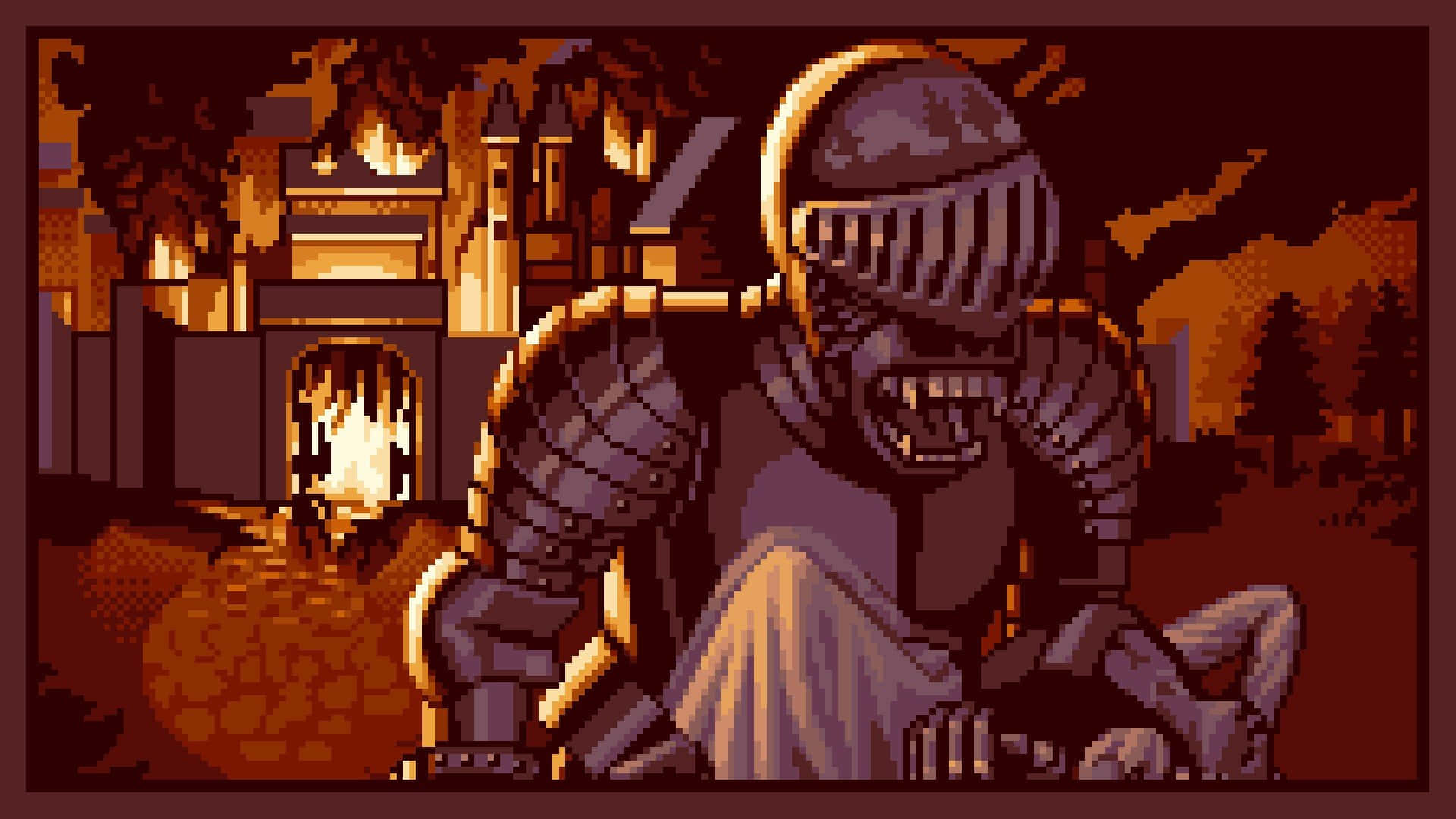 pixel art, knight in armor, burning castle gate, Full HD Desktop Wallpaper