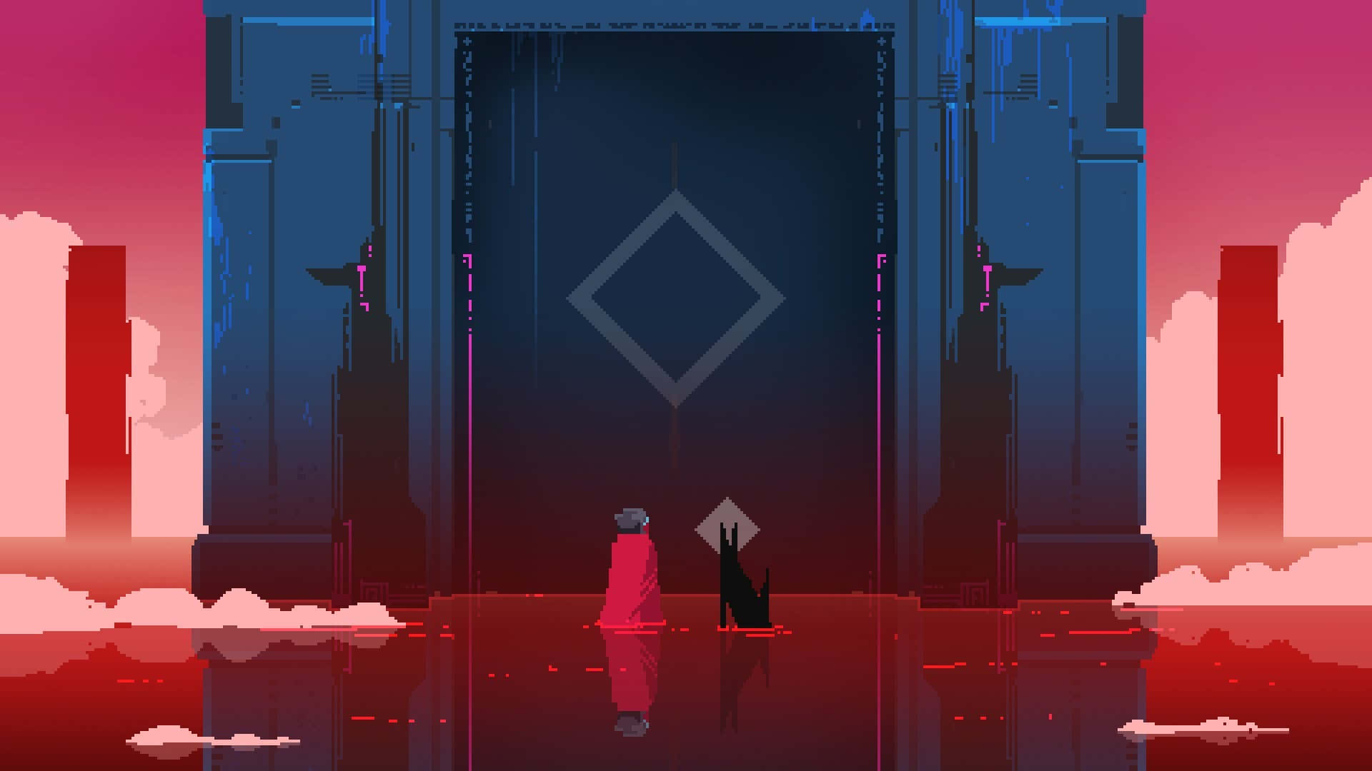 Pixel Game, red figure, glowing blue door, Full HD Desktop Wallpaper