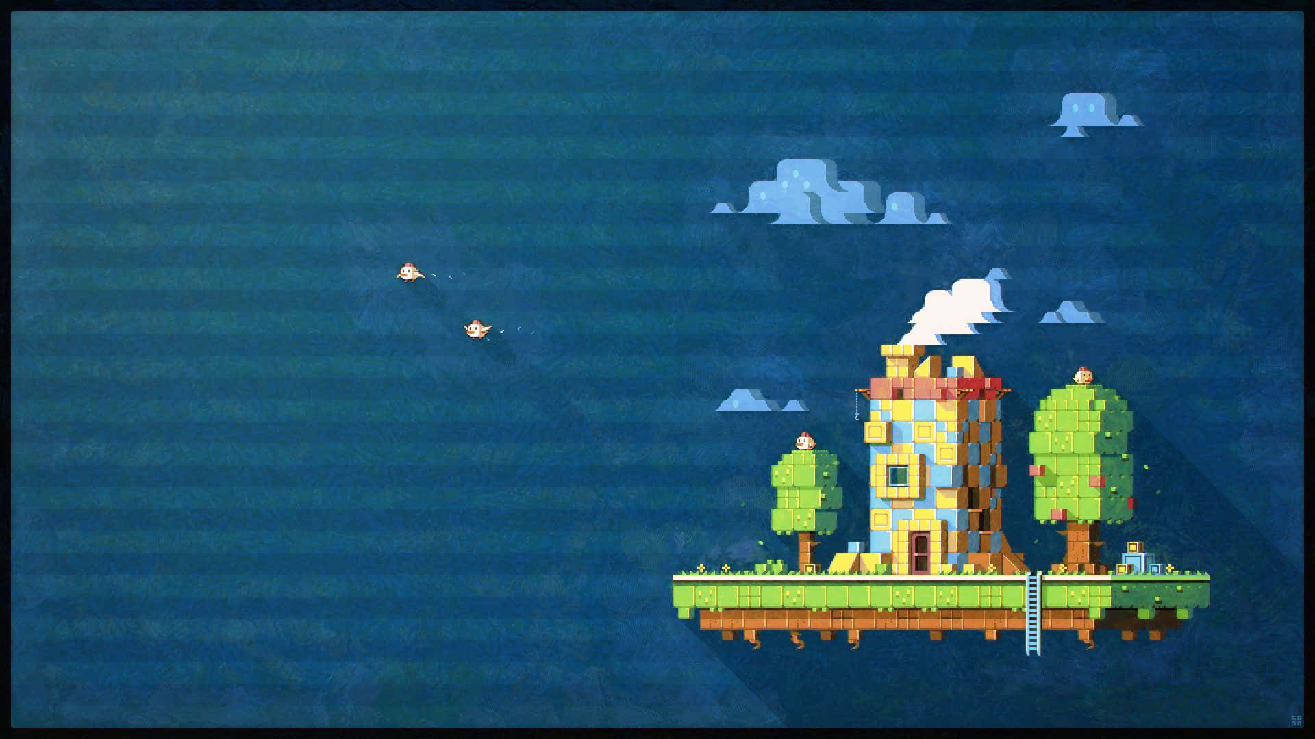 pixel art, floating island, colorful house, Full HD Desktop Wallpaper