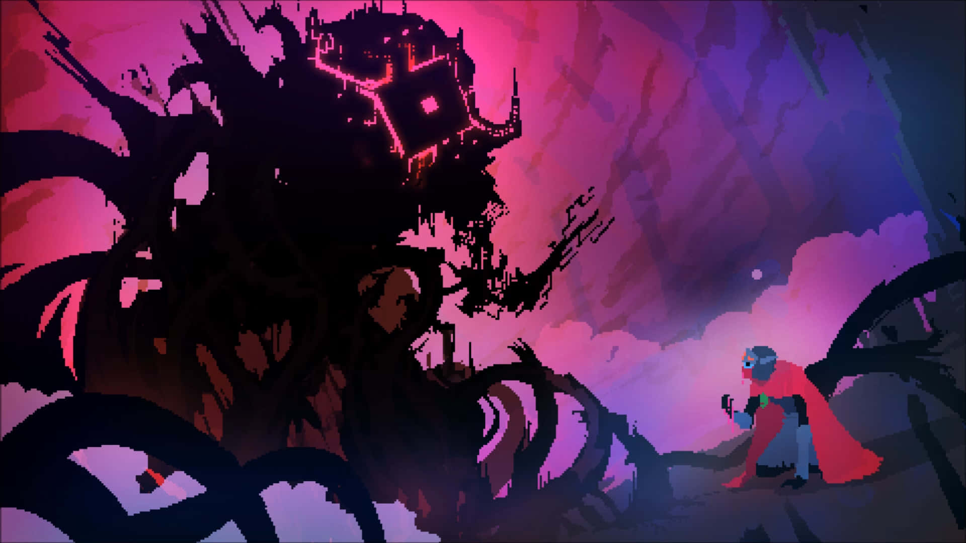 pixel game, red cape, towering jagged fortress, Full HD Desktop Wallpaper