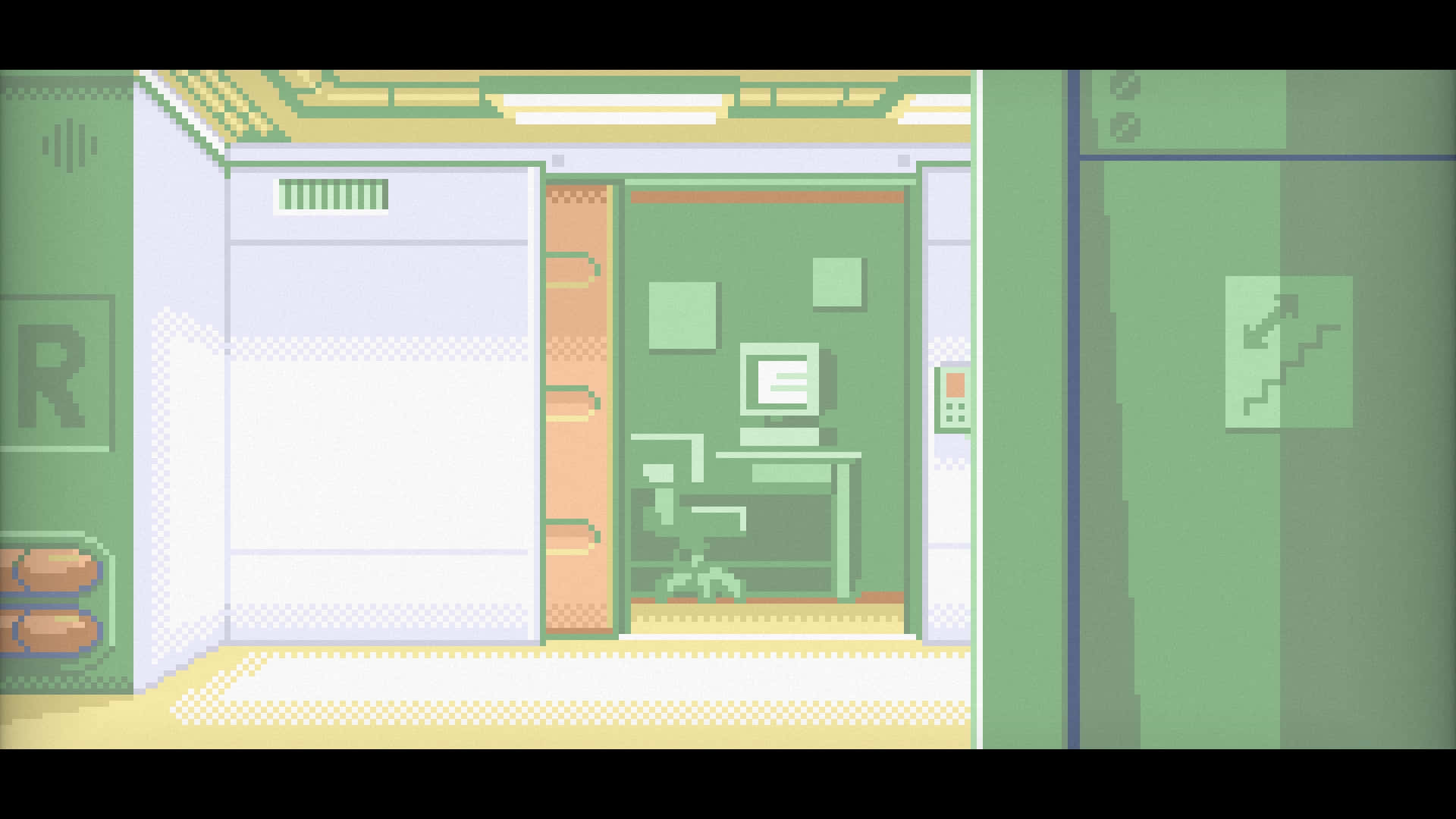 Pixel Game, Pixel-art hallway, green walls, Full HD Desktop Wallpaper