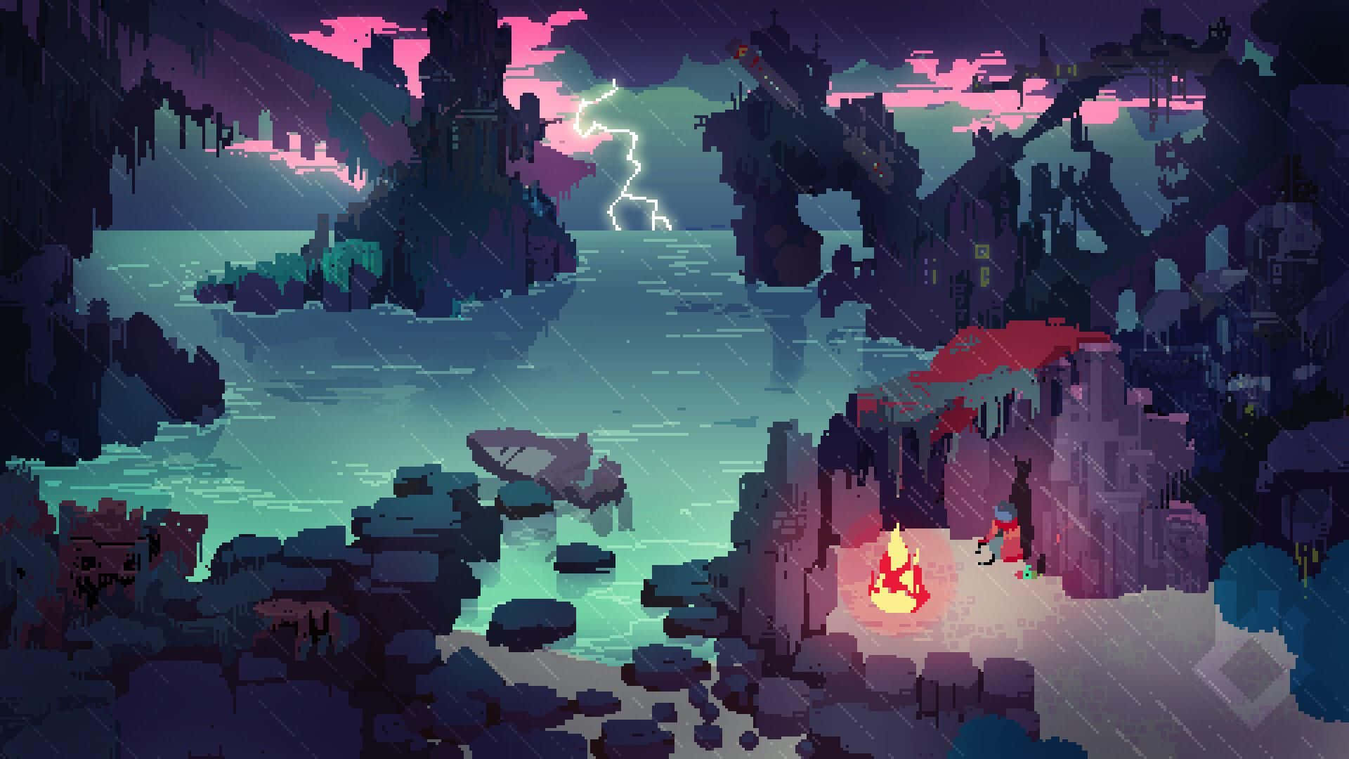 Pixel Game, glowing campfire, stormy purple canyon, Full HD Desktop Wallpaper