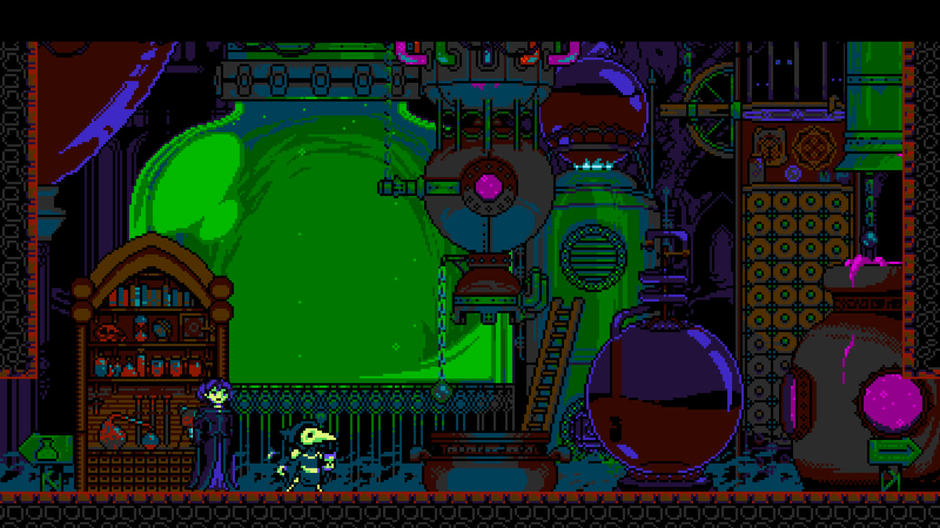 Pixel Game, green and purple background, pixel-art alchemist lab, Full HD Desktop Wallpaper