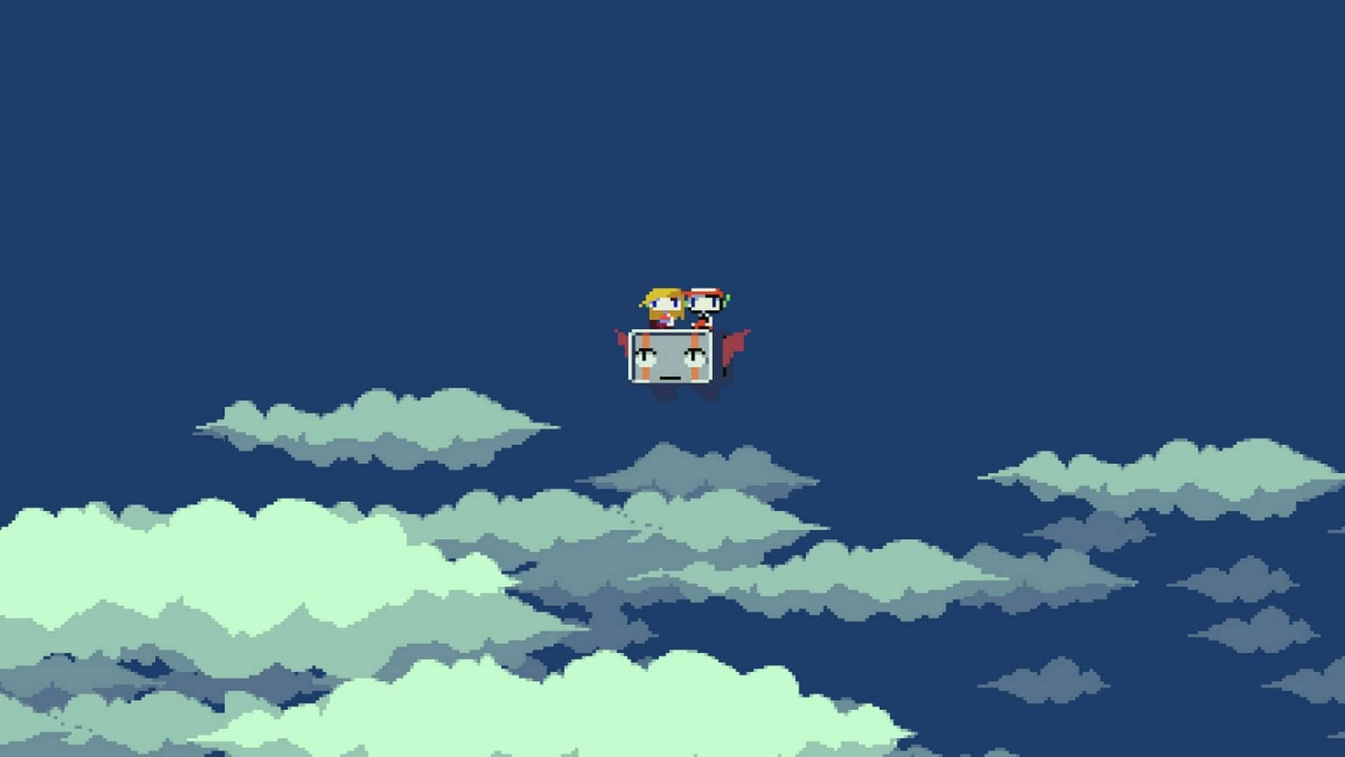 pixel-art, flying robot, layered clouds, Full HD Desktop Wallpaper