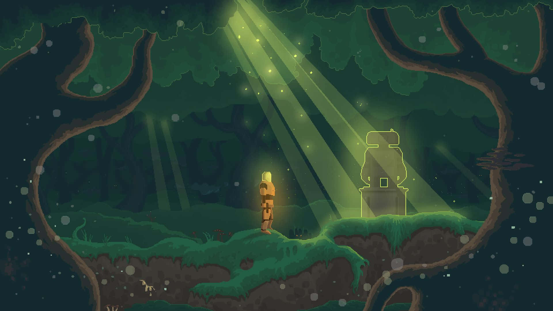Pixel Man, mystical forest, golden beams of light, Full HD Desktop Wallpaper