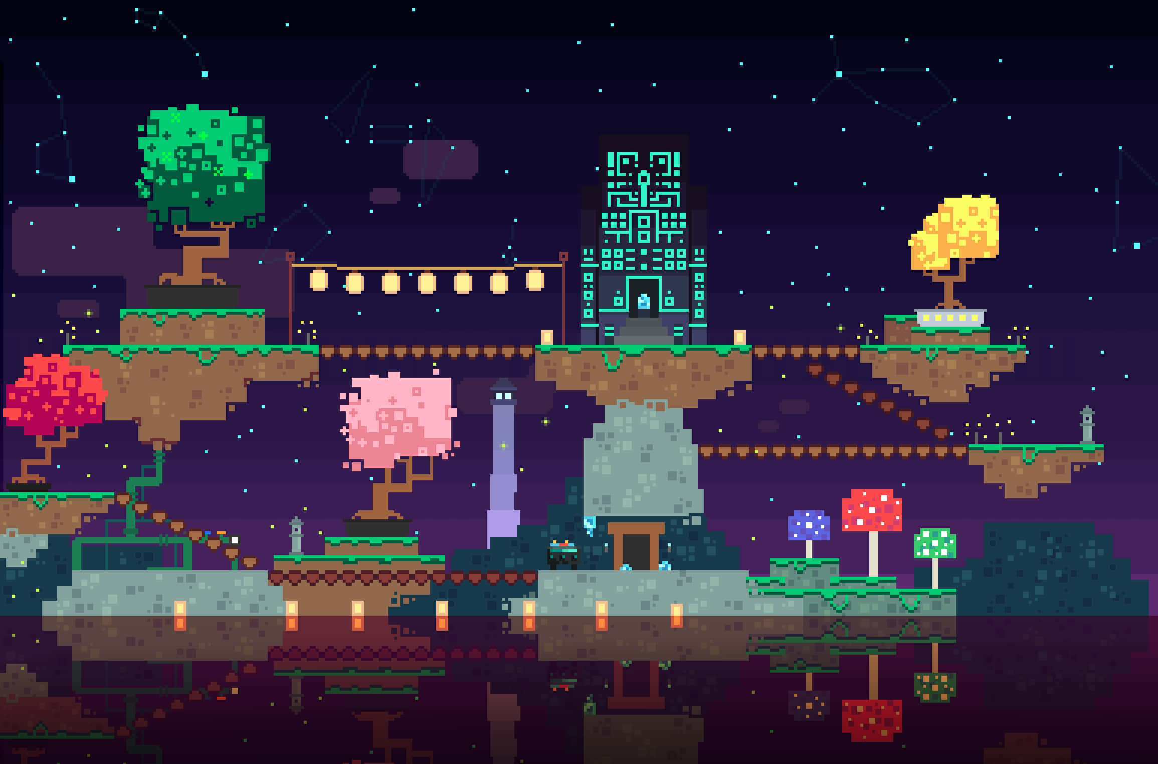 pixel art, floating islands, glowing trees, Full HD Desktop Wallpaper