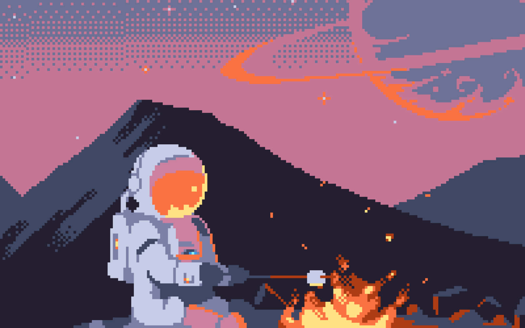 pixel art astronaut, campfire, alien mountain, HD Desktop Wallpaper