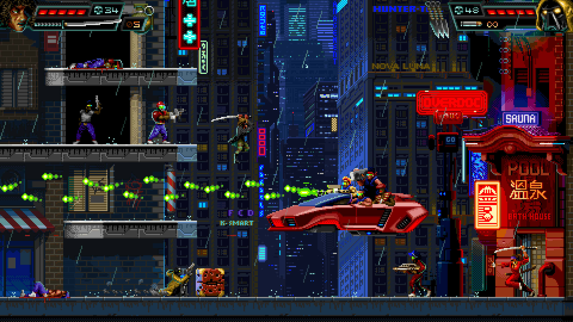 Pixel Game, neon-lit cyberpunk city, flying car, Full HD Desktop Wallpaper