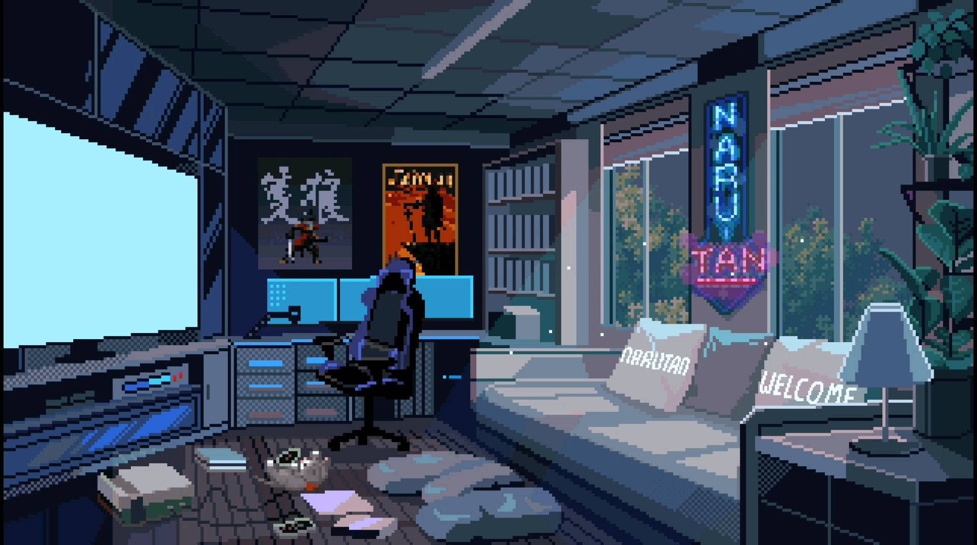 Pixel Art, retro gaming room, neon signs, Full HD Desktop Wallpaper