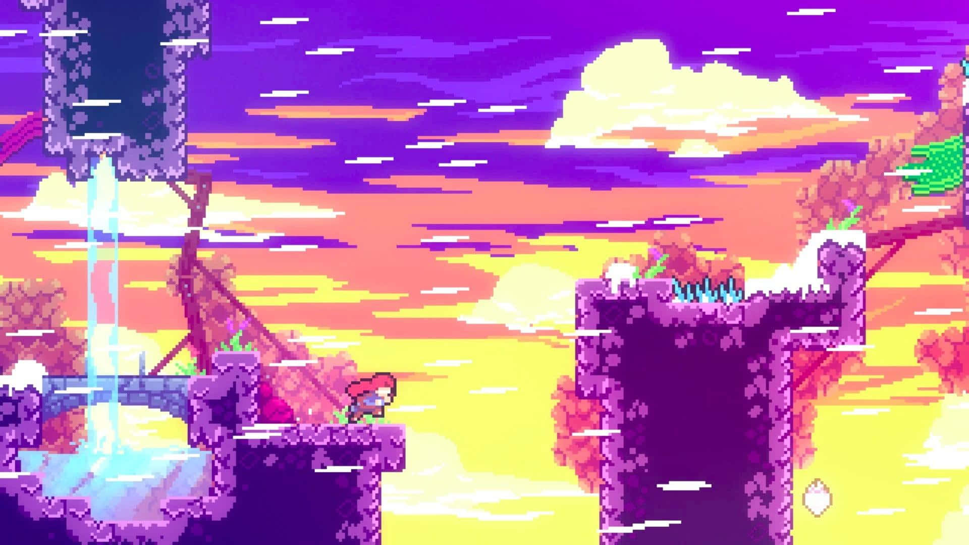 pixel game, vibrant purple cliffs, sunset sky, Full HD Desktop Wallpaper