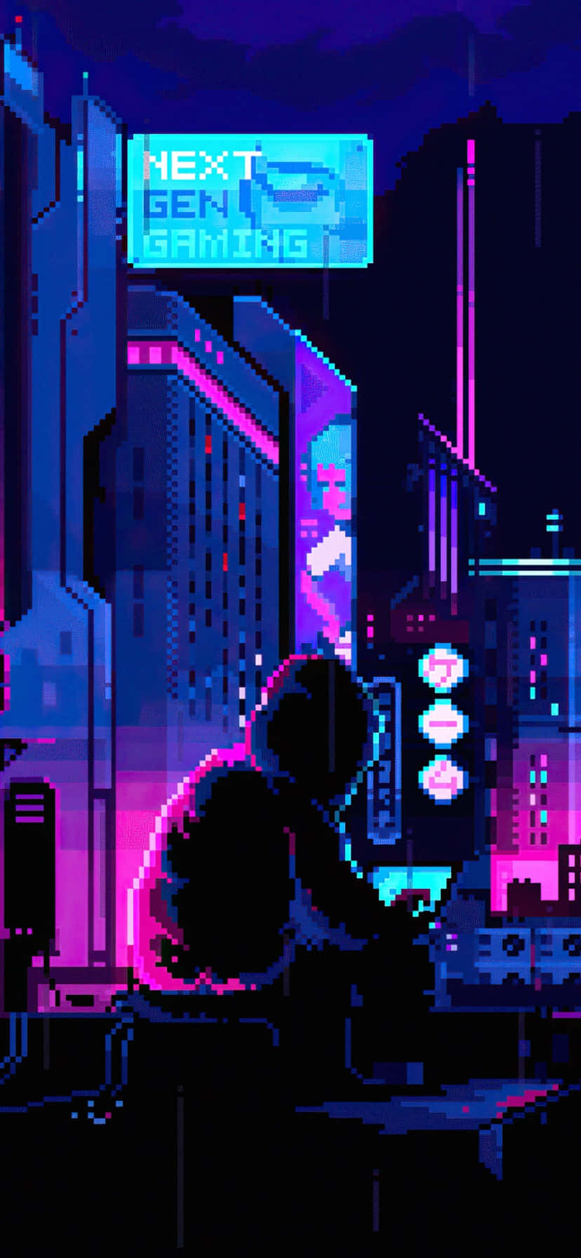 Pixel Phone, hooded figure, neon-drenched cyberpunk cityscape, HD Phone Wallpaper