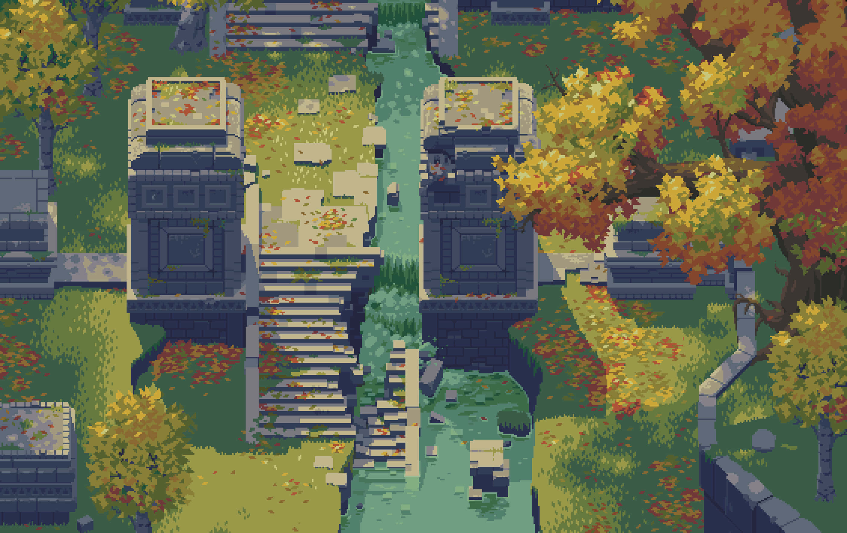 Pixel Game, autumnal cemetery, stone tombs, 2K Desktop Wallpaper