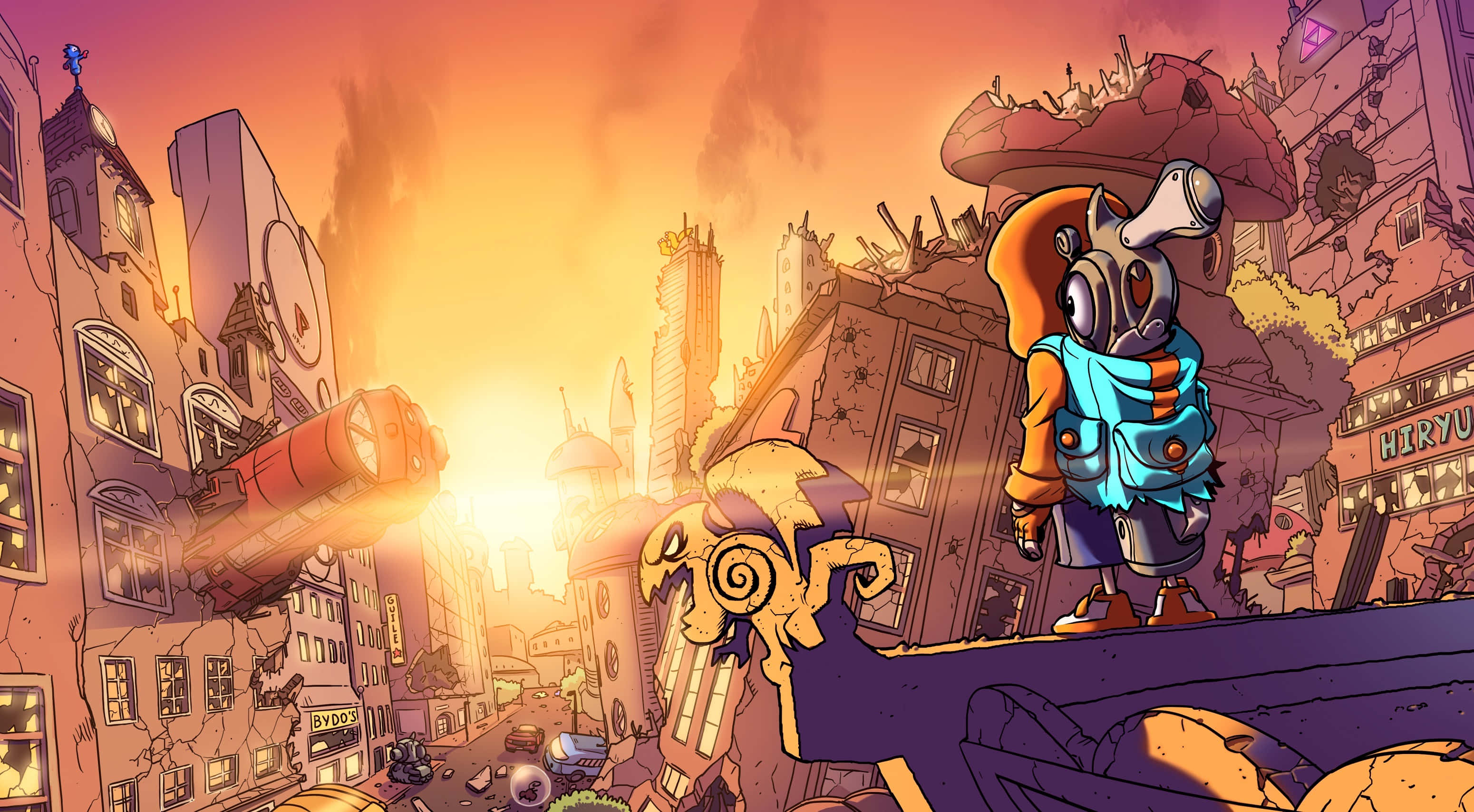 robot with a megaphone, ruined cityscape, sunset, 2K Desktop Wallpaper