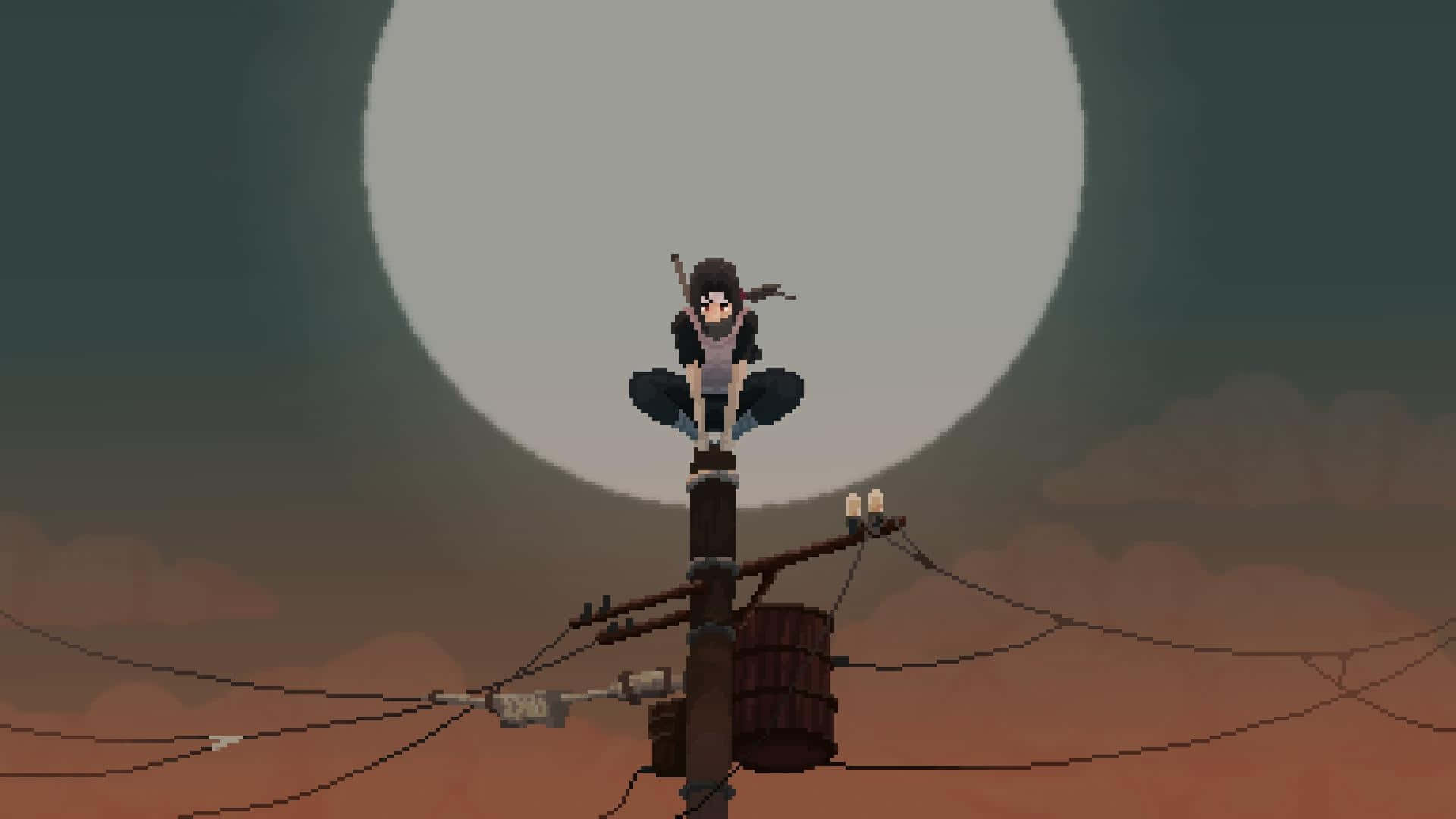 anime pixel art ninja, weathered utility pole, massive pale moon, Full HD Desktop Wallpaper