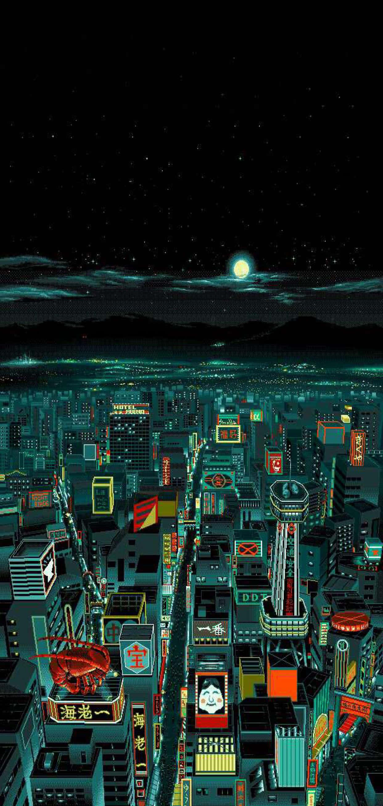 Pixel Phone, neon-drenched cyberpunk cityscape, glowing signs, 2K Phone Wallpaper