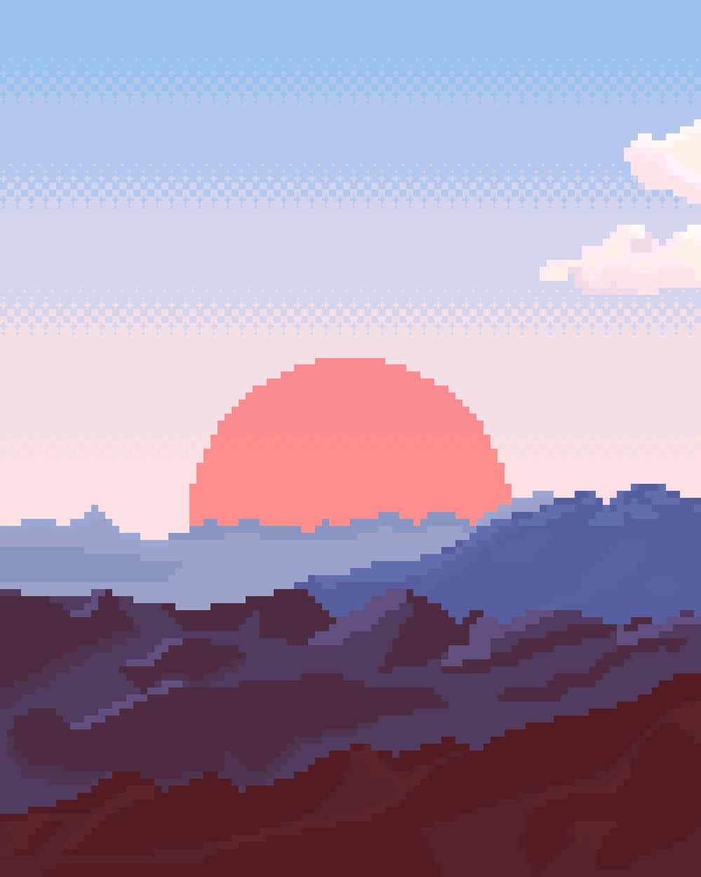 Pixel Phone, coral sun, purple and red mountains, SD Phone Wallpaper