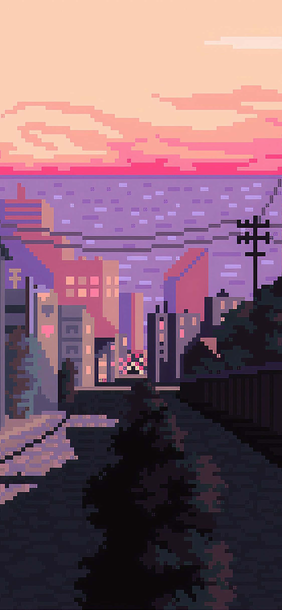 pixel art, urban street, sunset, Full HD Phone Wallpaper