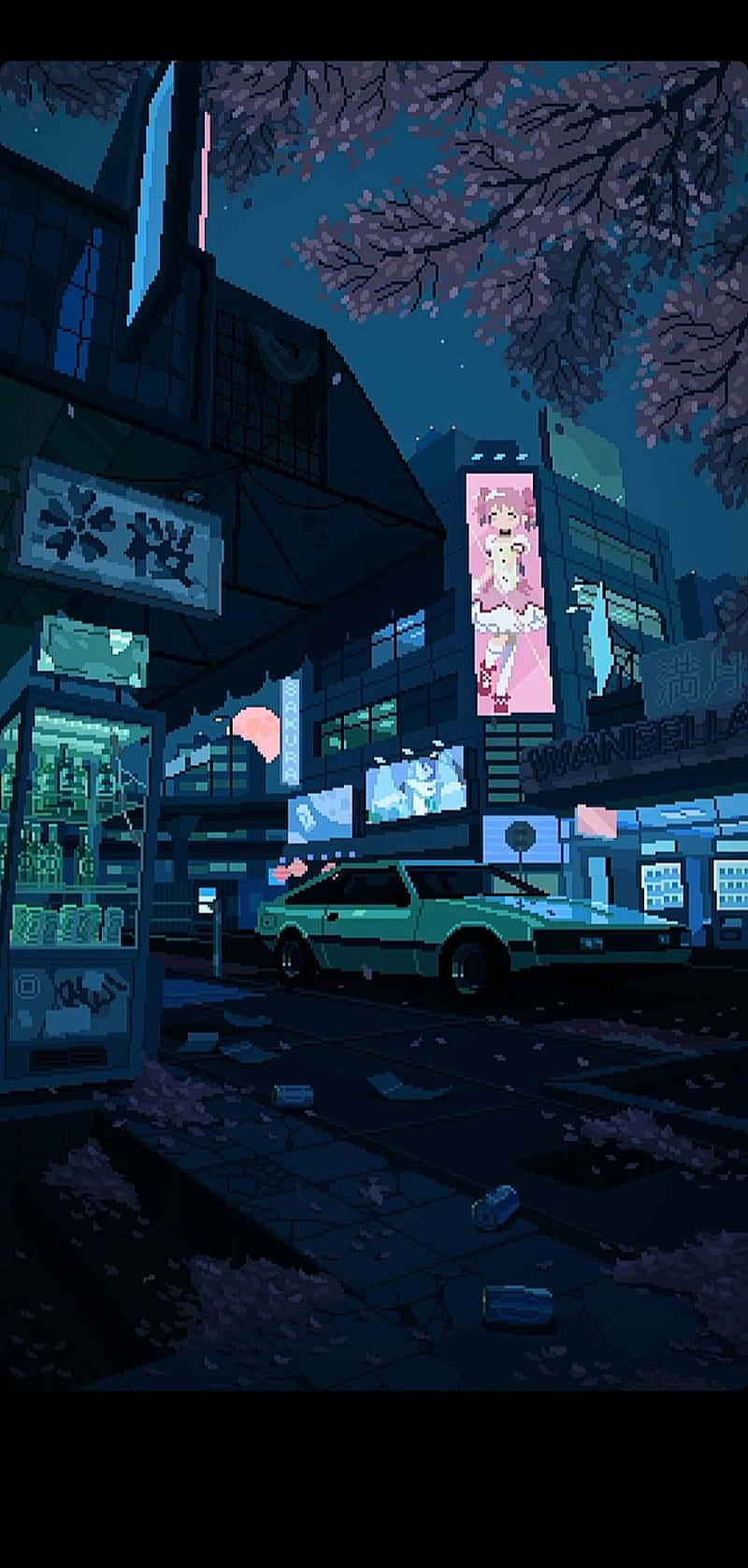 Pixel Phone, teal sports car, cherry blossom trees, HD Phone Wallpaper