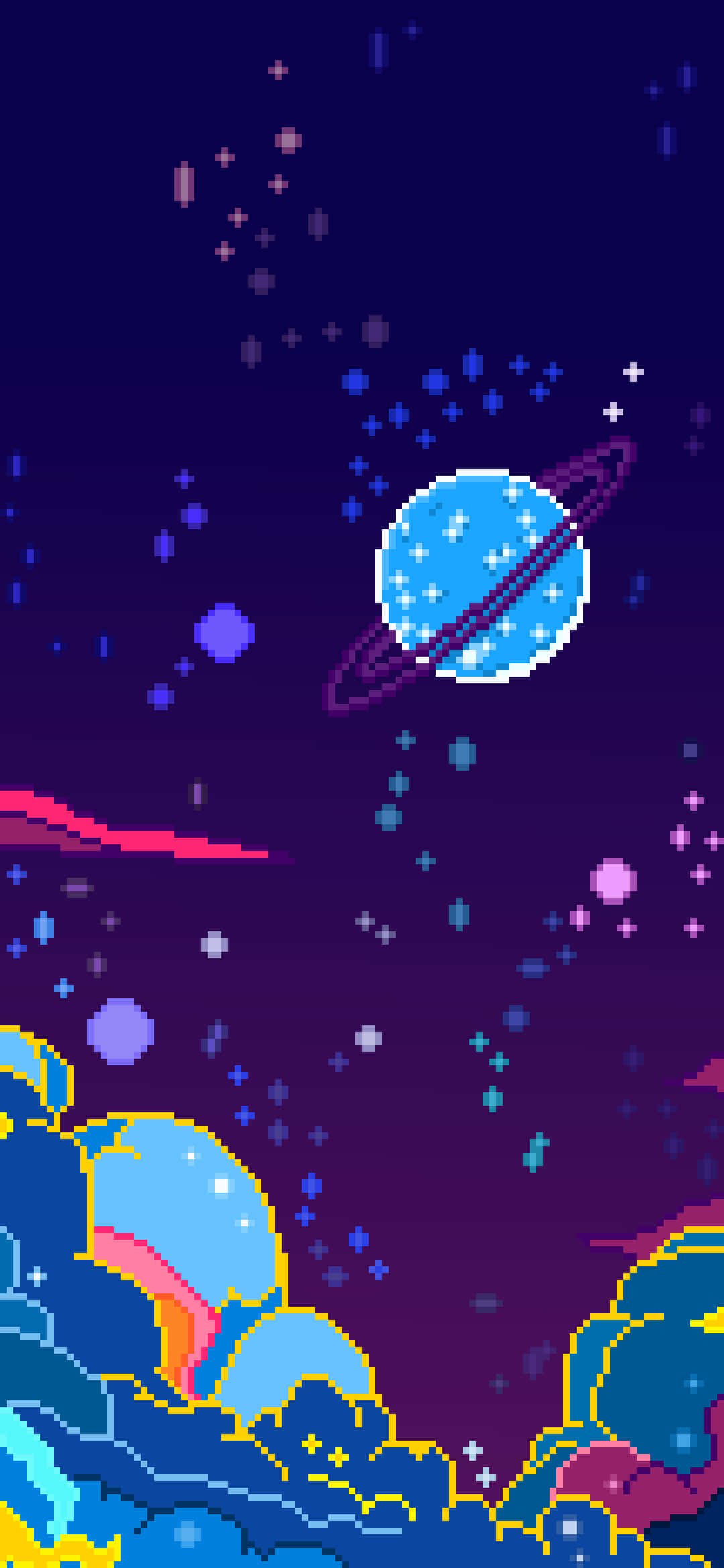 pixel art, spaceship, planet, Full HD Phone Wallpaper