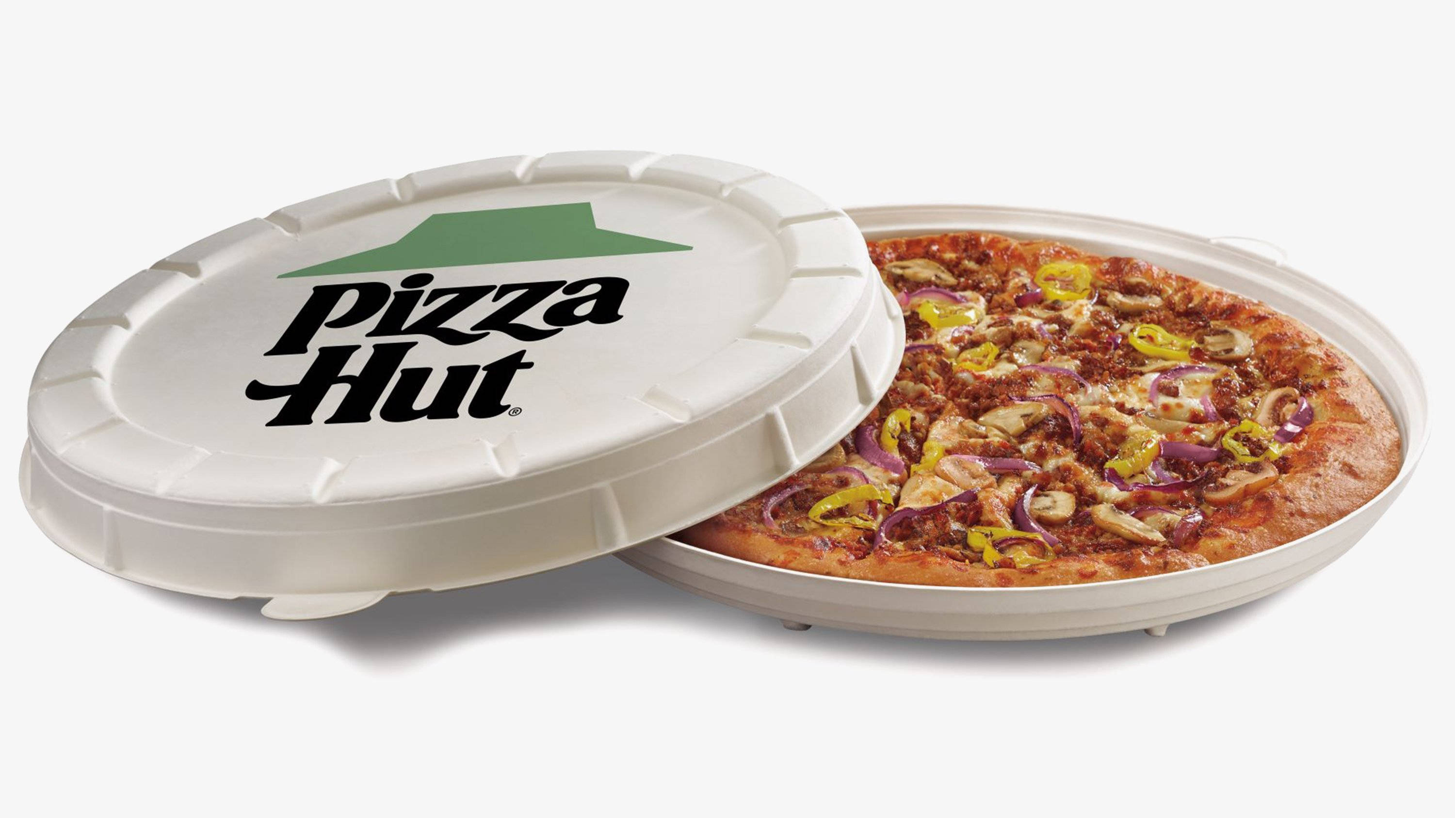 Pizza Hut, eco friendly round box, pepperoni onions and peppers, 2K Desktop Wallpaper