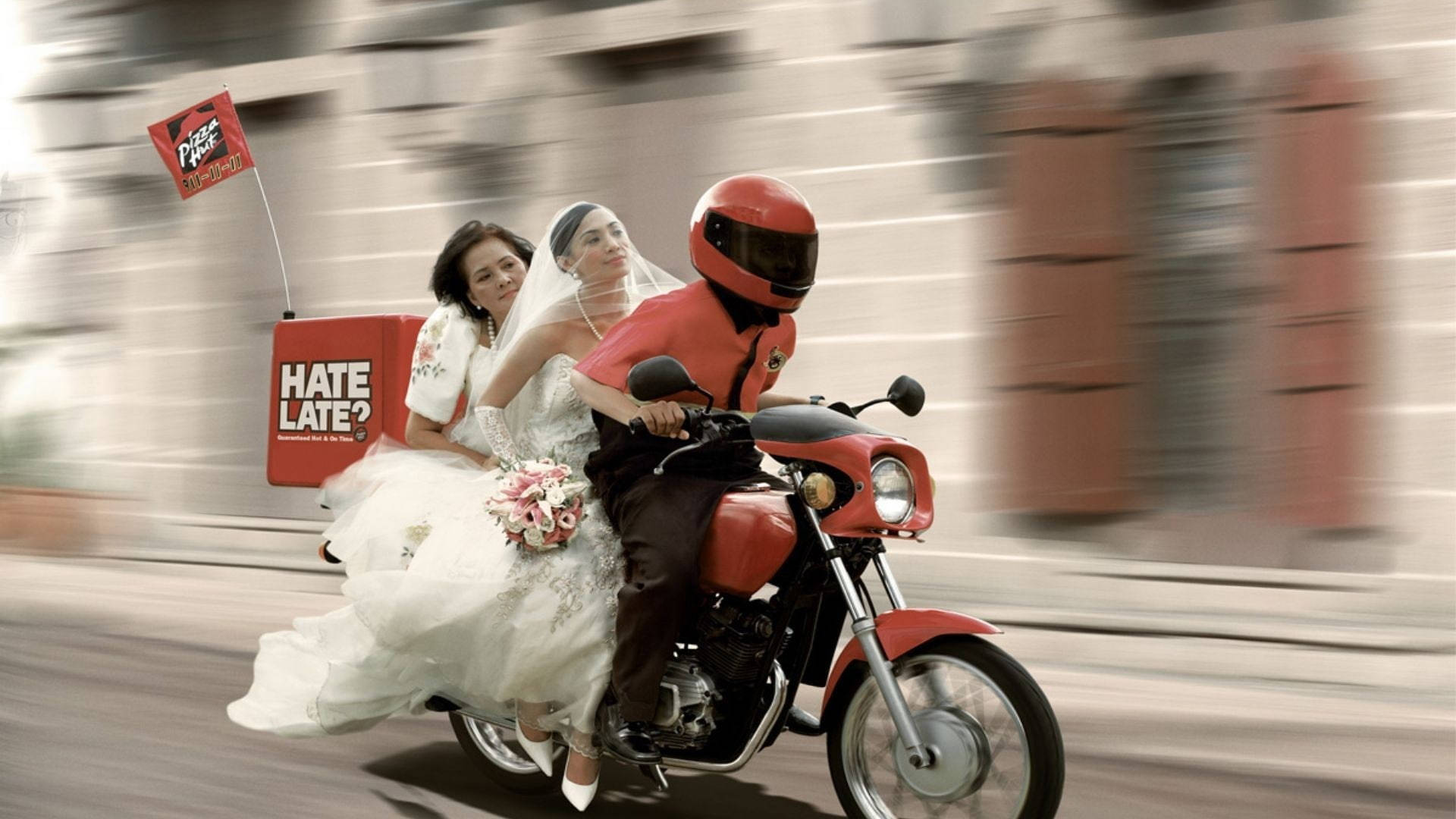 Pizza Hut, red motorcycle, white wedding dress, Full HD Desktop Wallpaper