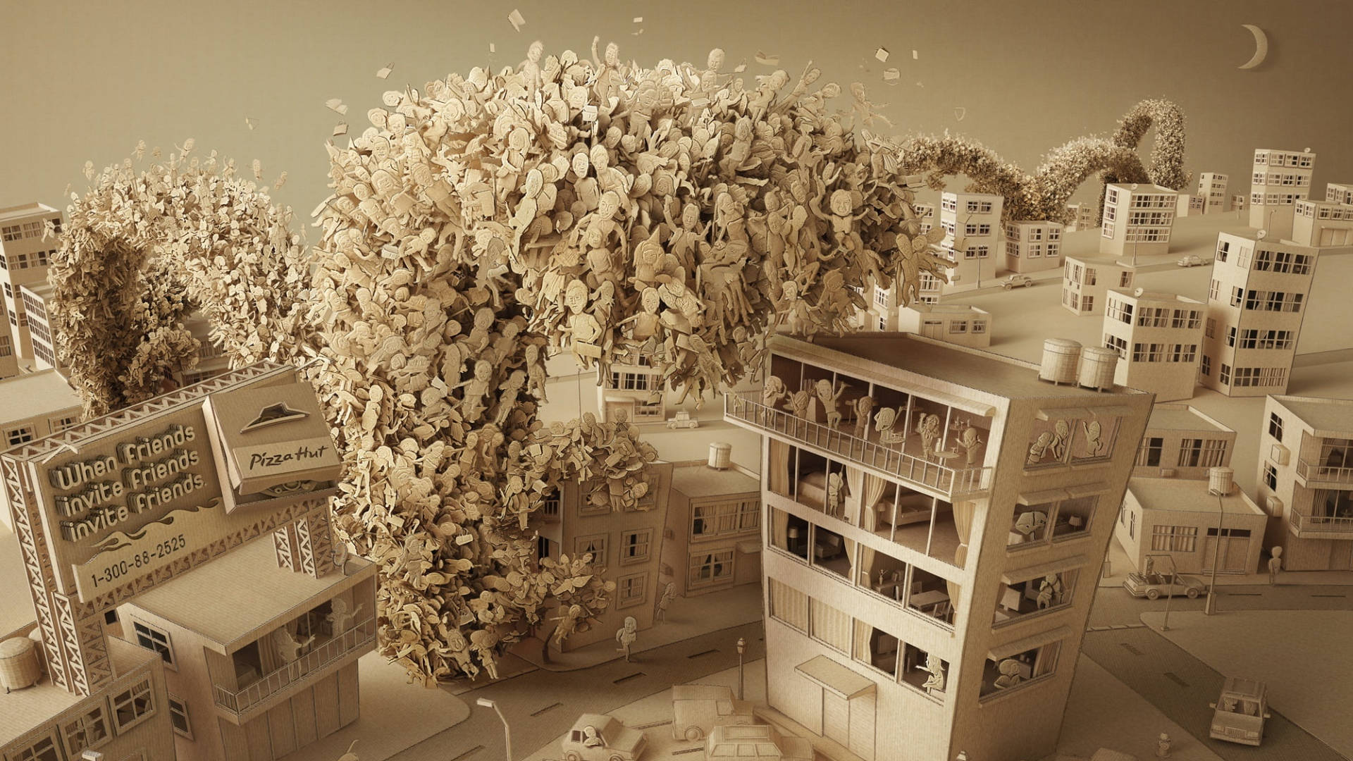 Pizza Hut, white diorama, sepia-toned, Full HD Desktop Wallpaper