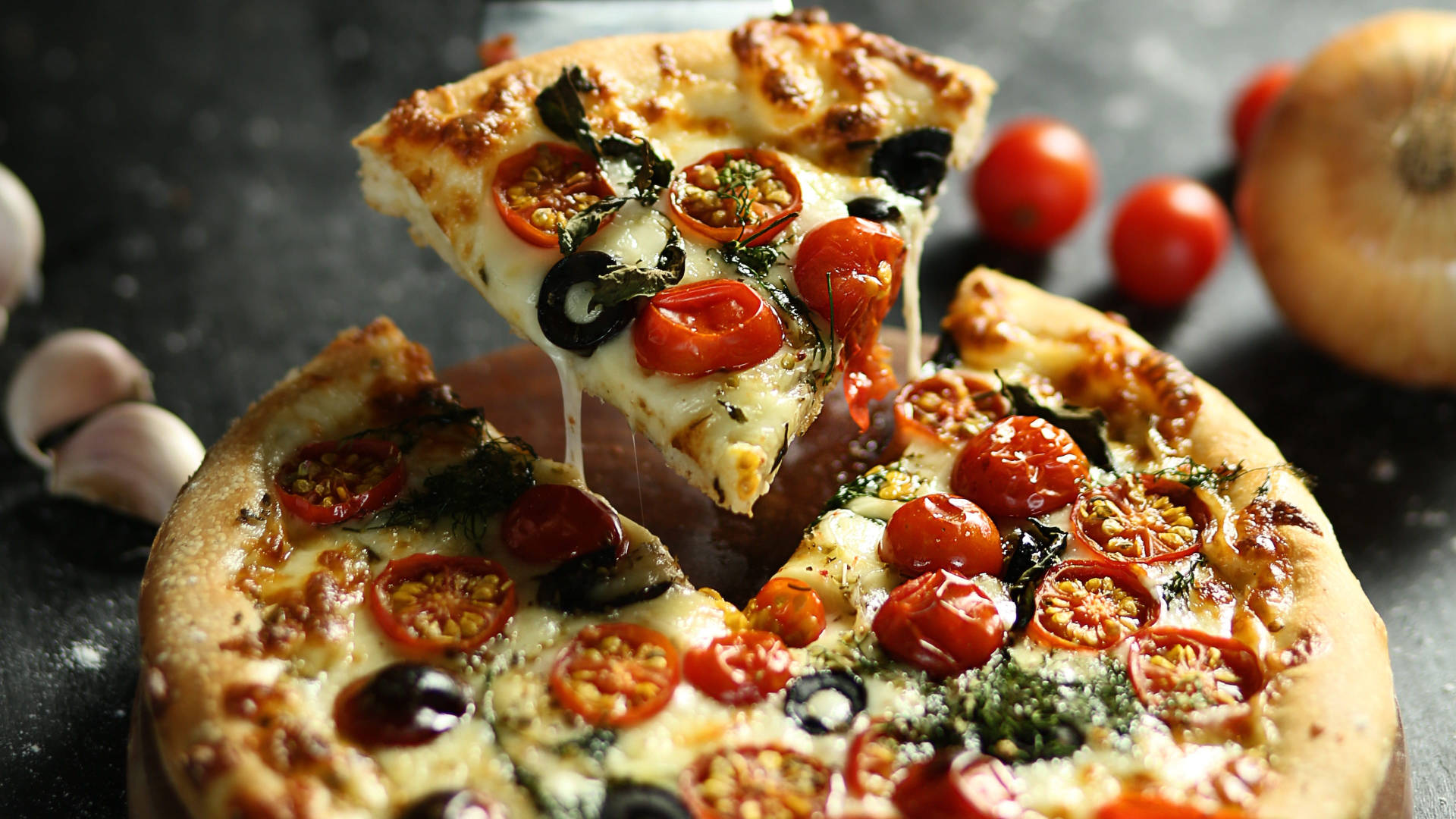 Pizza Hut, pizza slice, cherry tomatoes, Full HD Desktop Wallpaper