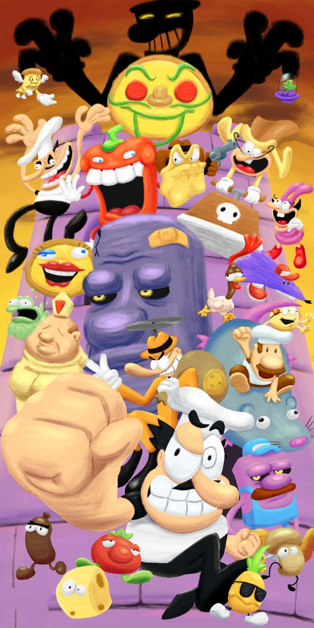 Pizza Tower, muscular chef, quirky animated food characters, Full HD Phone Wallpaper