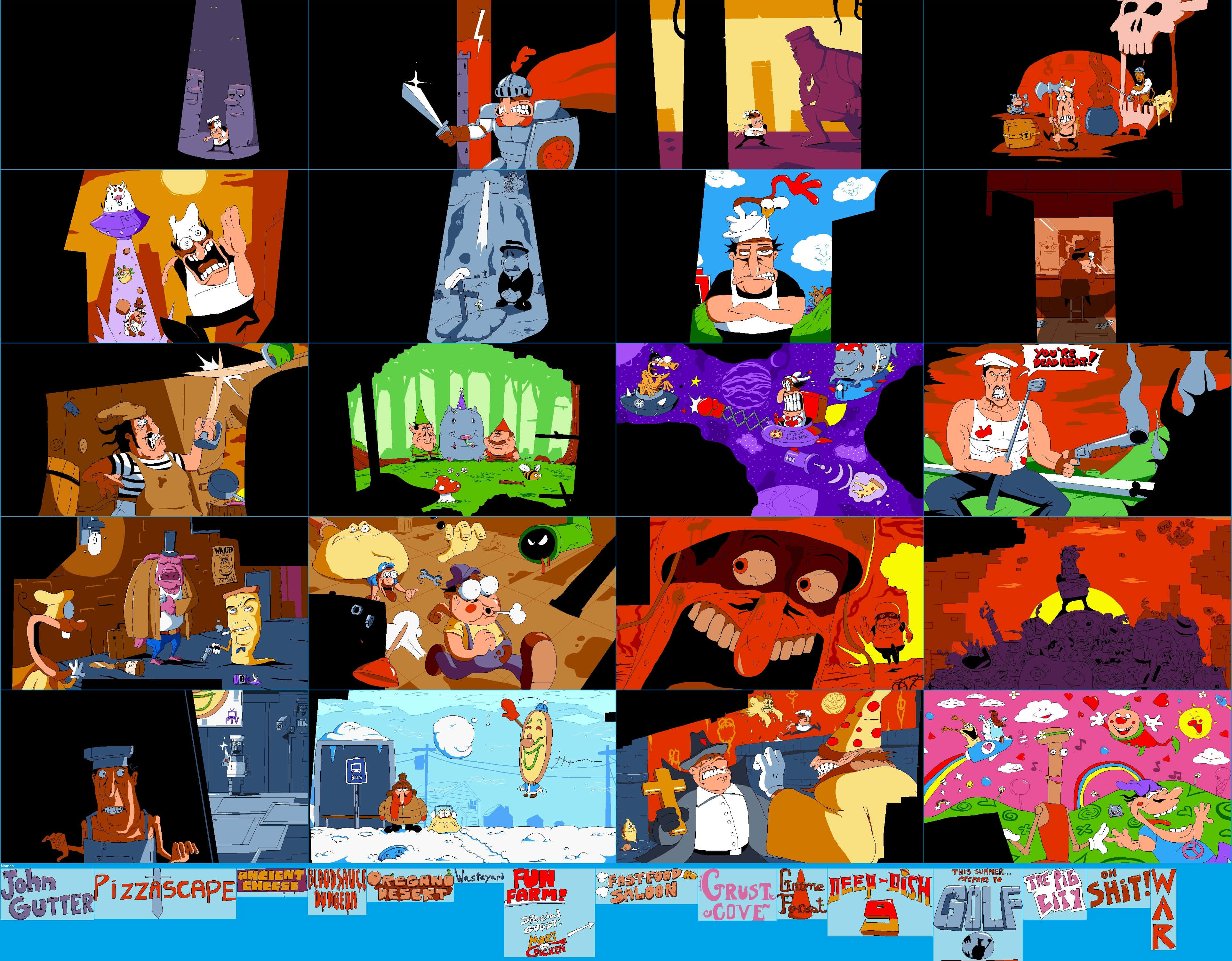 Pizza Tower, animated cartoon scenes, quirky characters, 4K Desktop Wallpaper