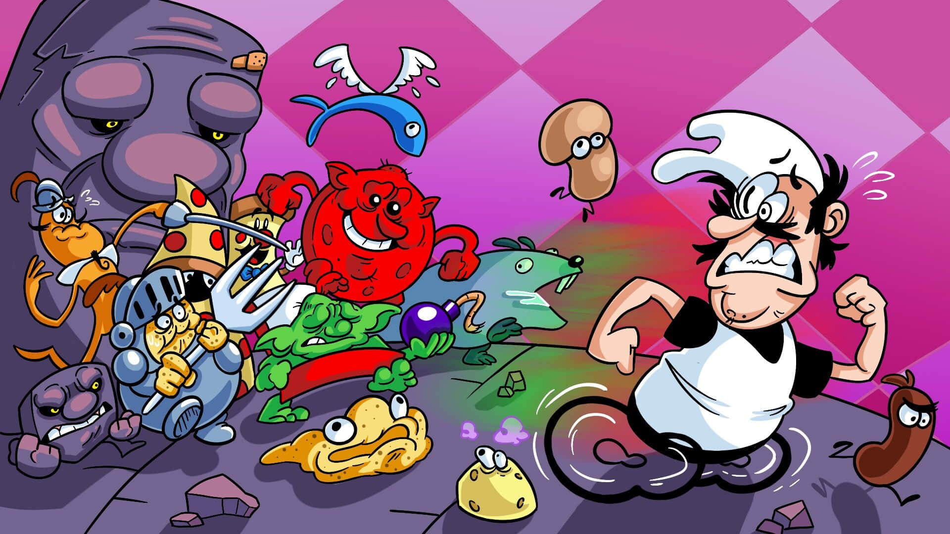 Pizza Tower, cartoon chef, anthropomorphic food monsters, Full HD Desktop Wallpaper