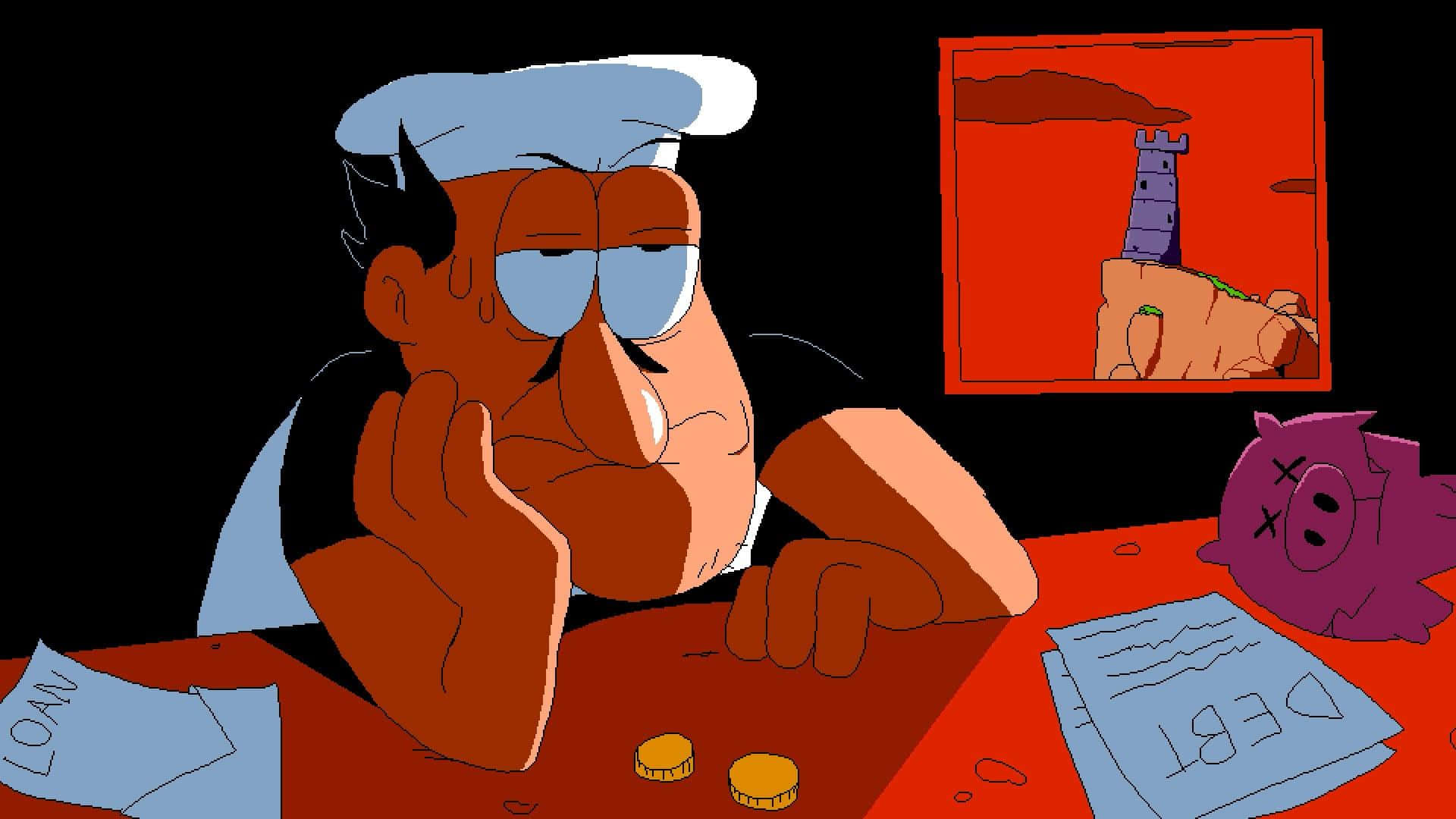 Pensive Chefat Desk Pizza Tower, red table, debt papers, Full HD Desktop Wallpaper