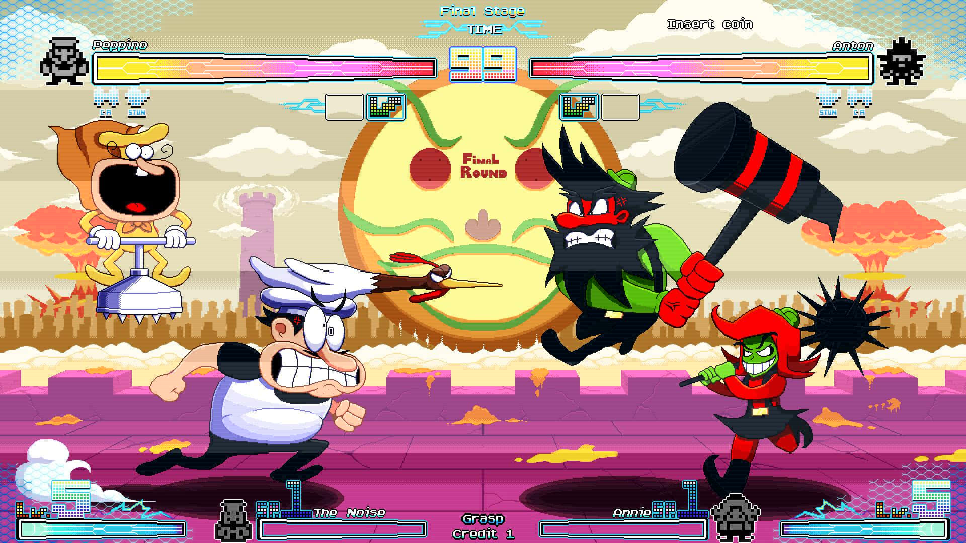 Pizza Tower, final showdown scene, pixel-art fighters, Full HD Desktop Wallpaper