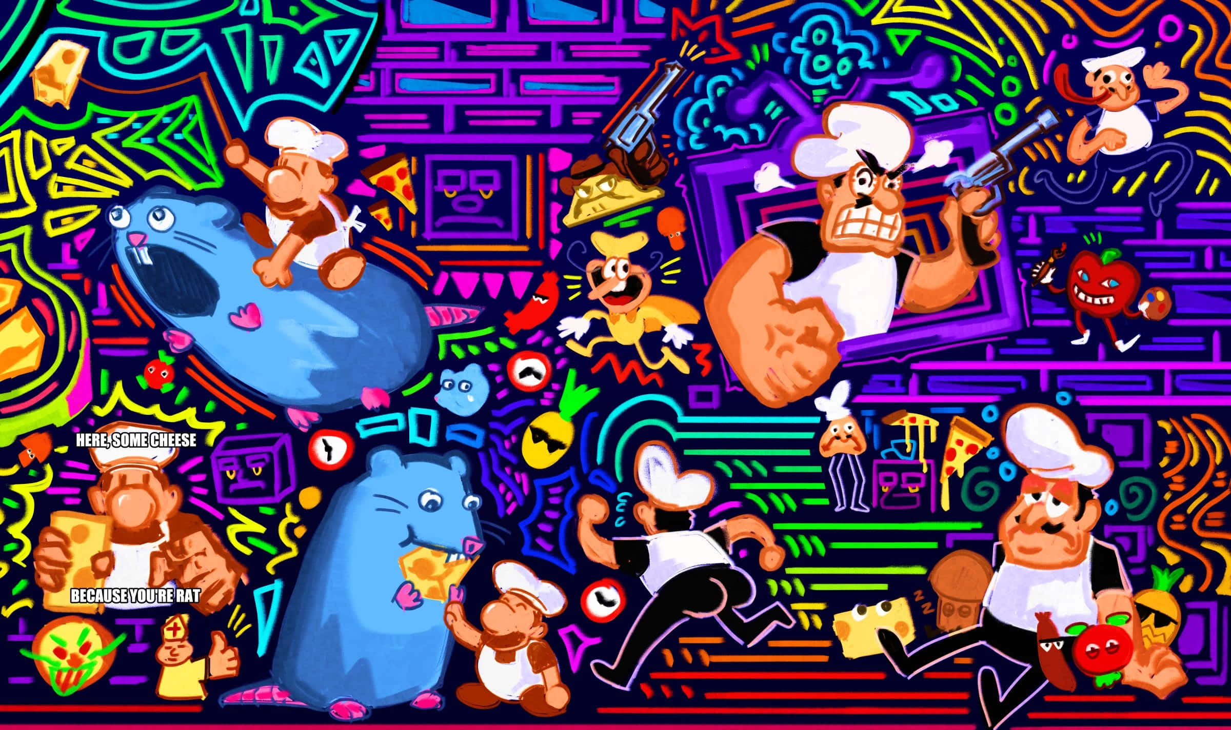 Pizza Tower, neon-colored kitchen, cartoon chefs, Full HD Desktop Wallpaper