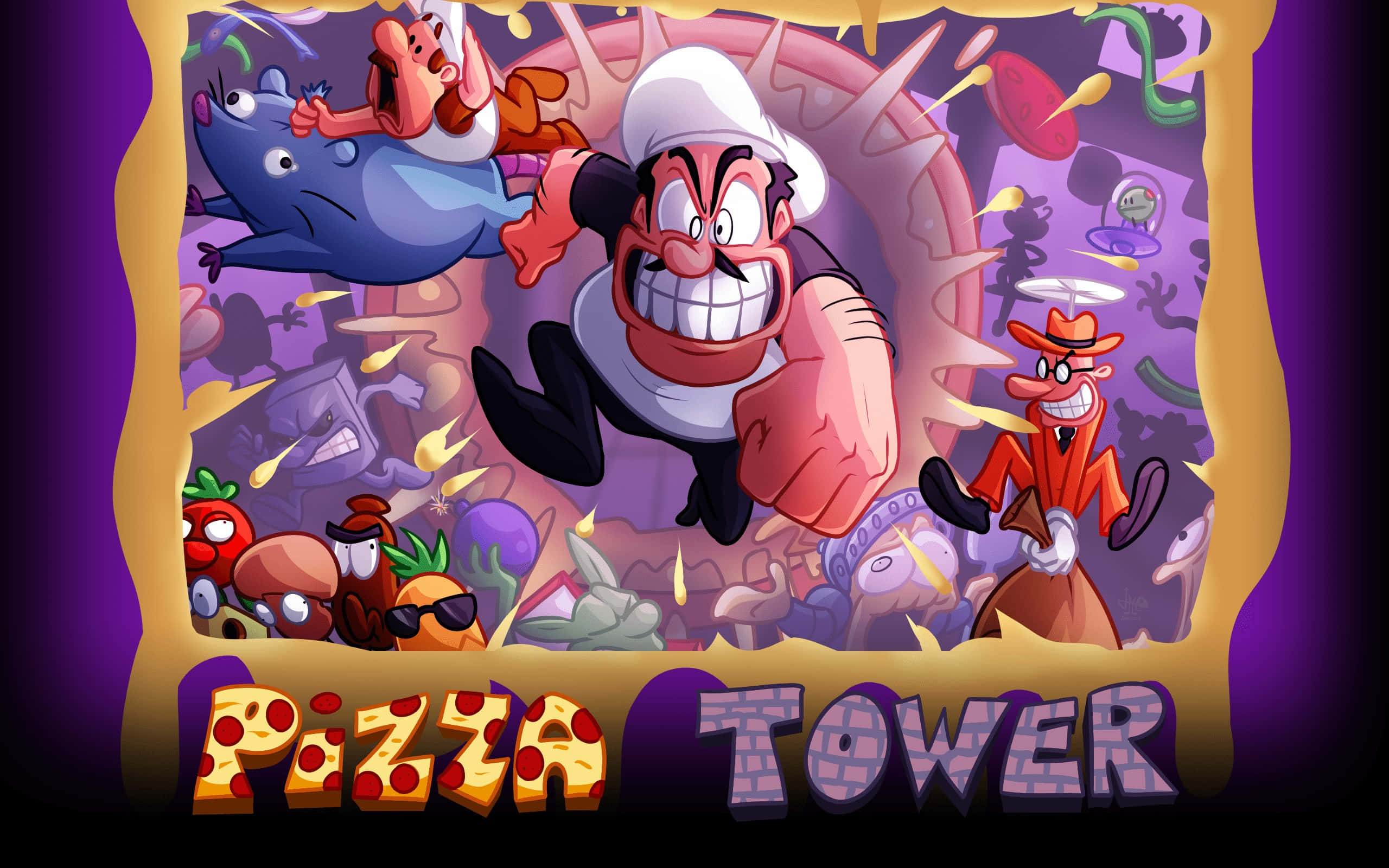 Pizza Tower, grinning chef, quirky characters, 2K Desktop Wallpaper