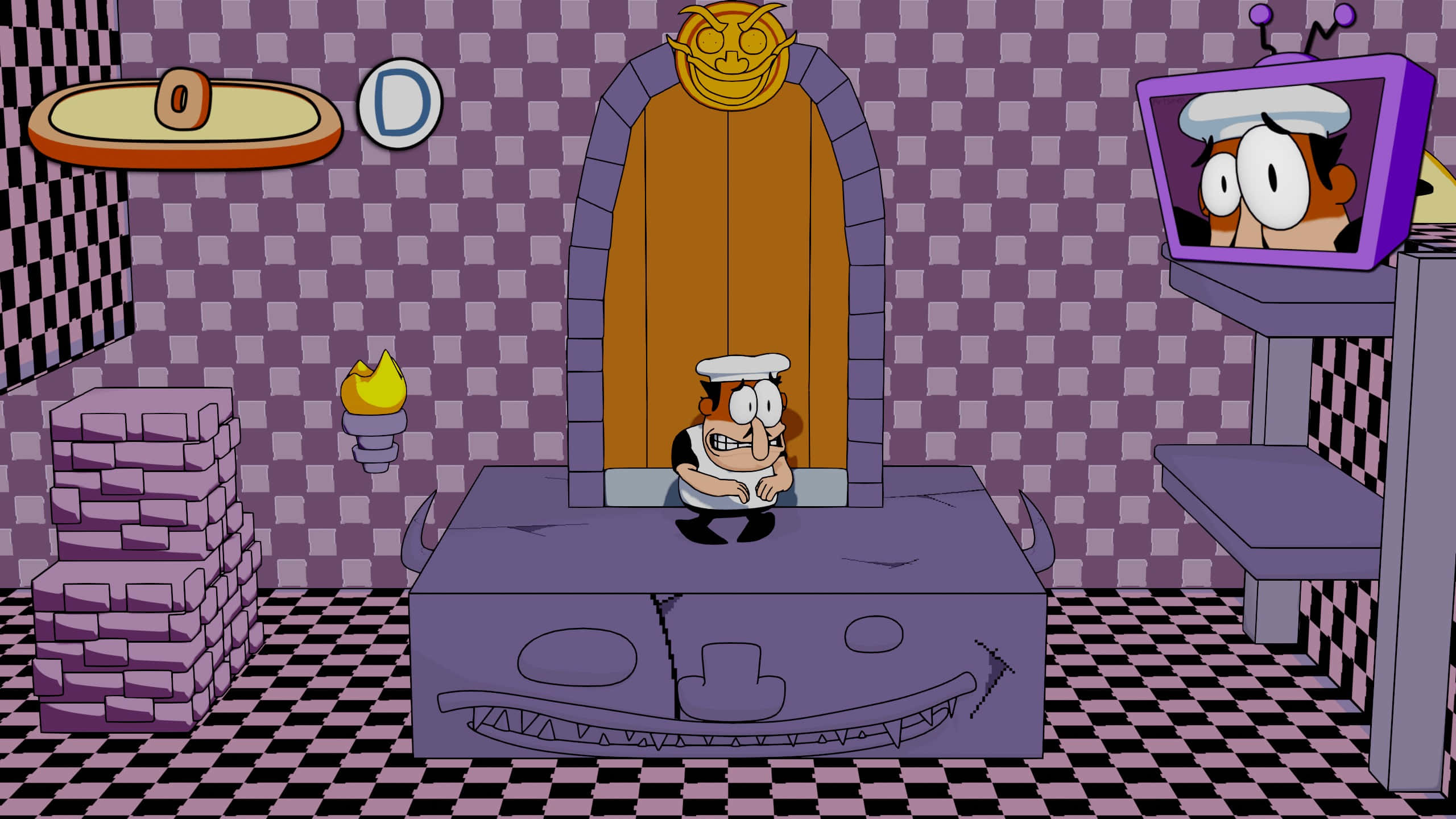 Pizza Tower, purple checkered dungeon, grinning stone face, 2K Desktop Wallpaper