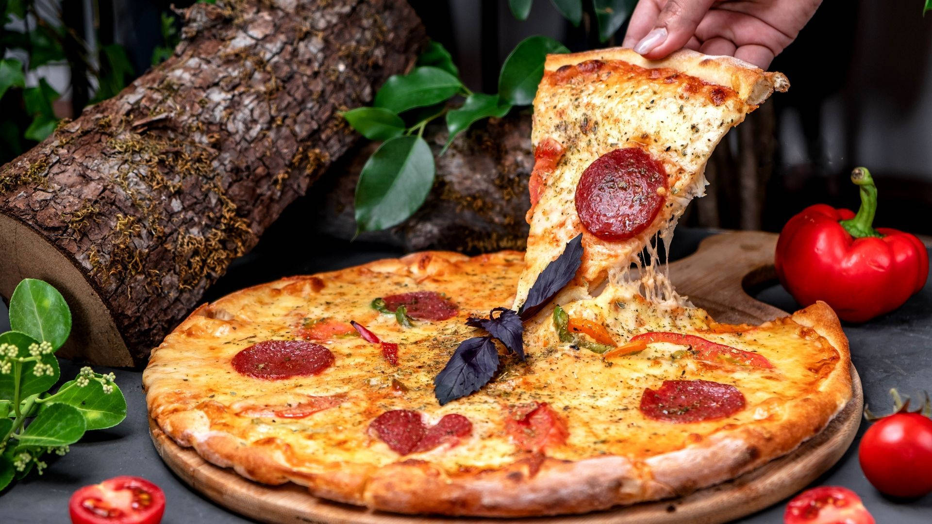 pepperoni and cheese pizza, rustic wooden board, fresh tomatoes, Full HD Desktop Wallpaper