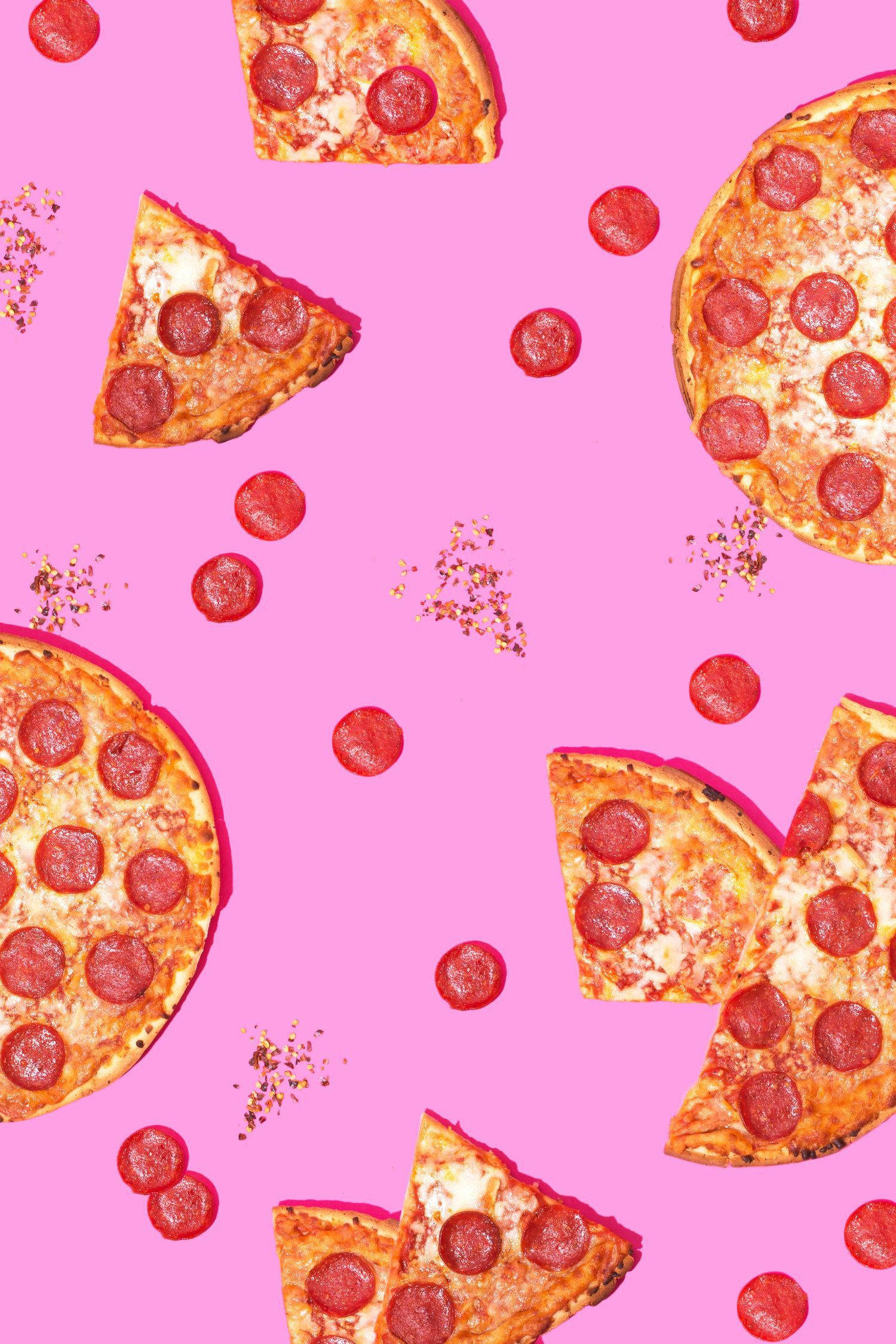 pepperoni pizzas, vibrant pink background, scattered pepperoni, Full HD Phone Wallpaper