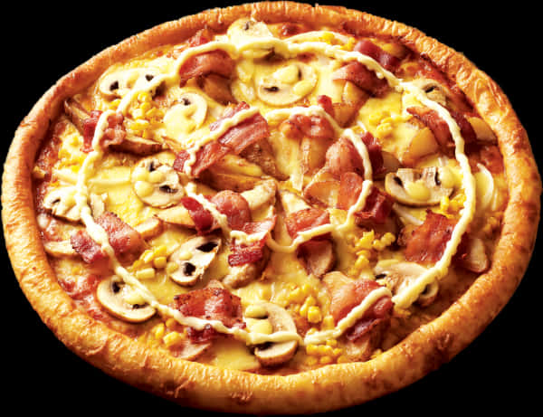 Bacon Mushroom Corn Pizza, golden-brown, crispy bacon, SD Desktop Wallpaper