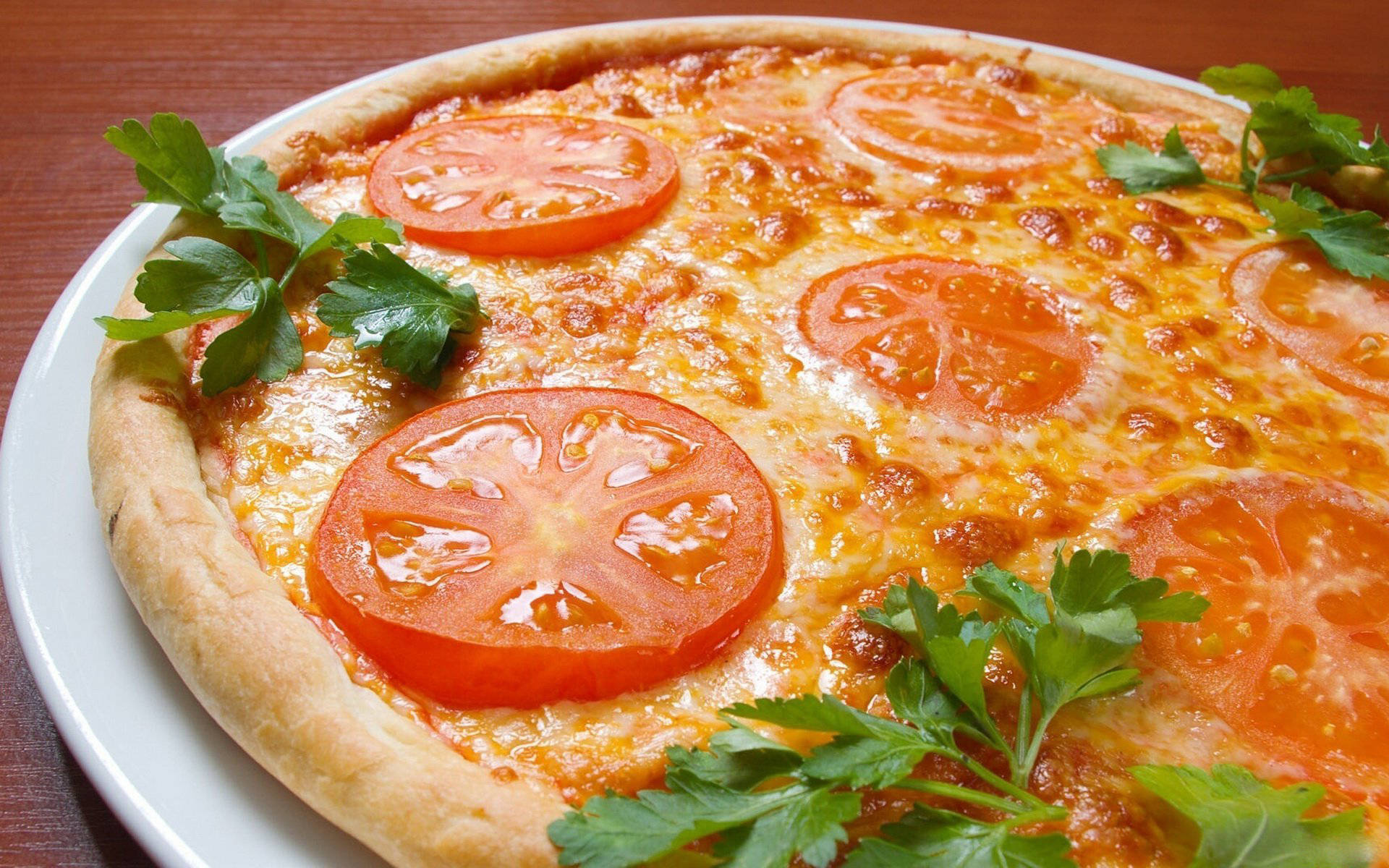 cheesy tomato pizza, melted cheese, bright red tomato slices, Full HD Desktop Wallpaper