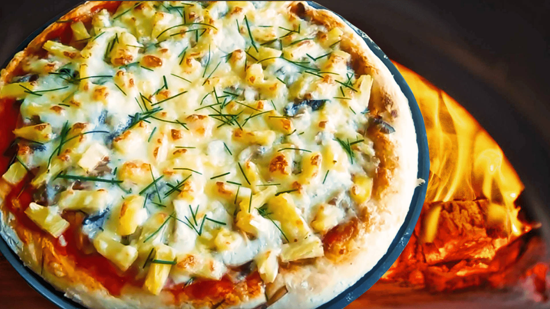 Cheesy Hawaiian Pizza, melted cheese, pineapple, Full HD Desktop Wallpaper
