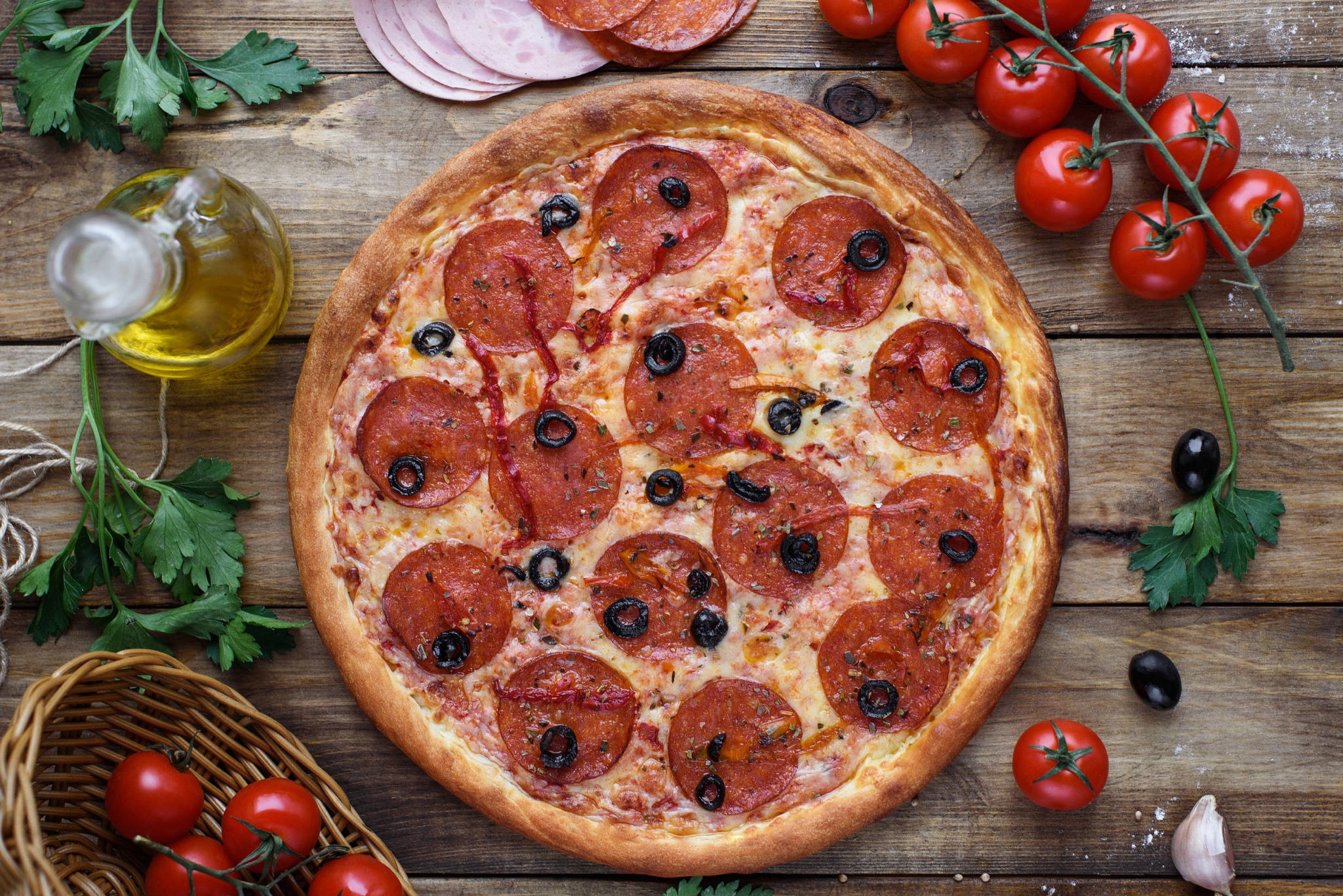 large pepperoni pizza, black olives, rustic wooden table, Full HD Desktop Wallpaper
